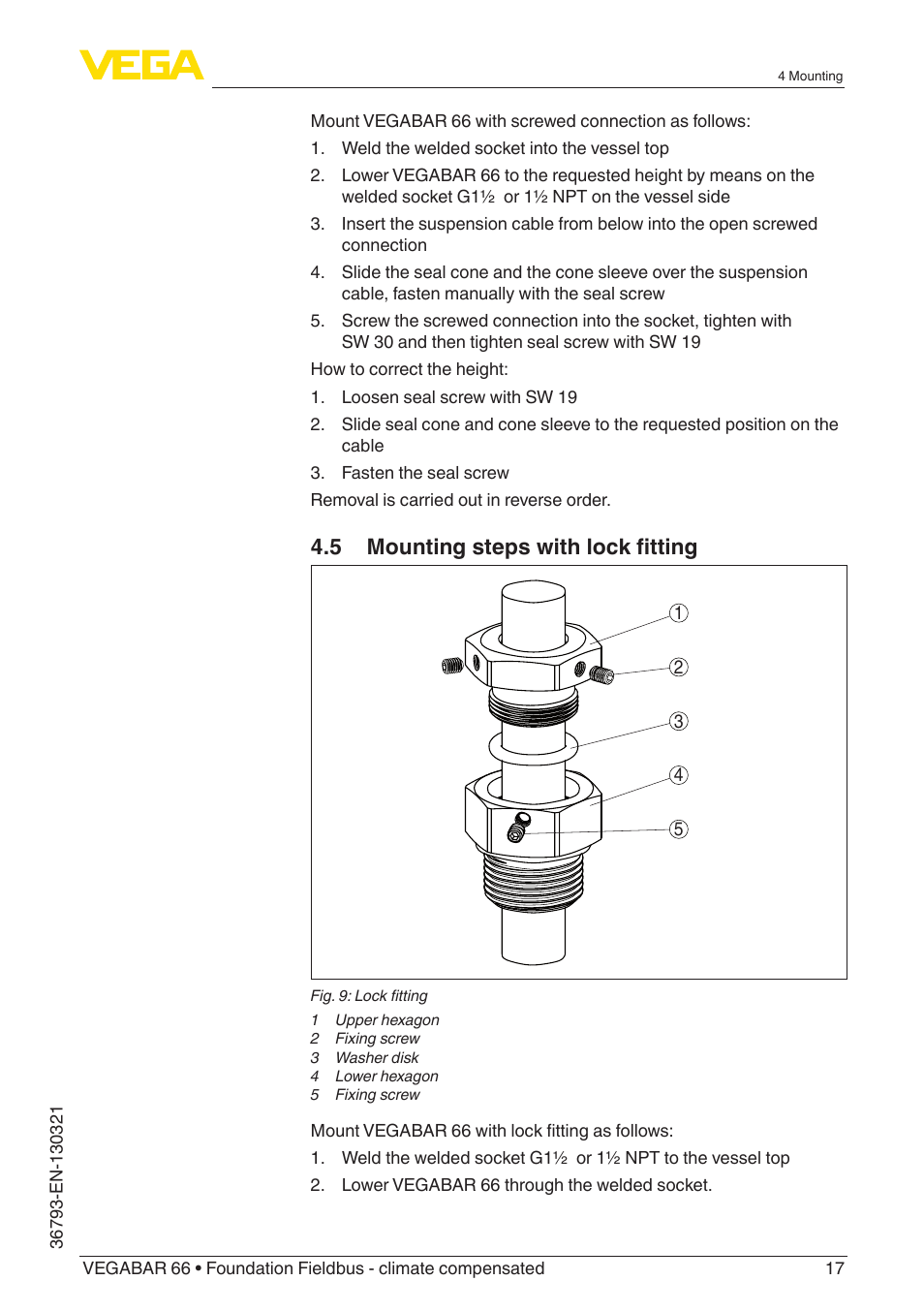 5 mounting steps with lock fitting | VEGA VEGABAR 66 Foundation Fieldbus - climate compensated User Manual | Page 17 / 76