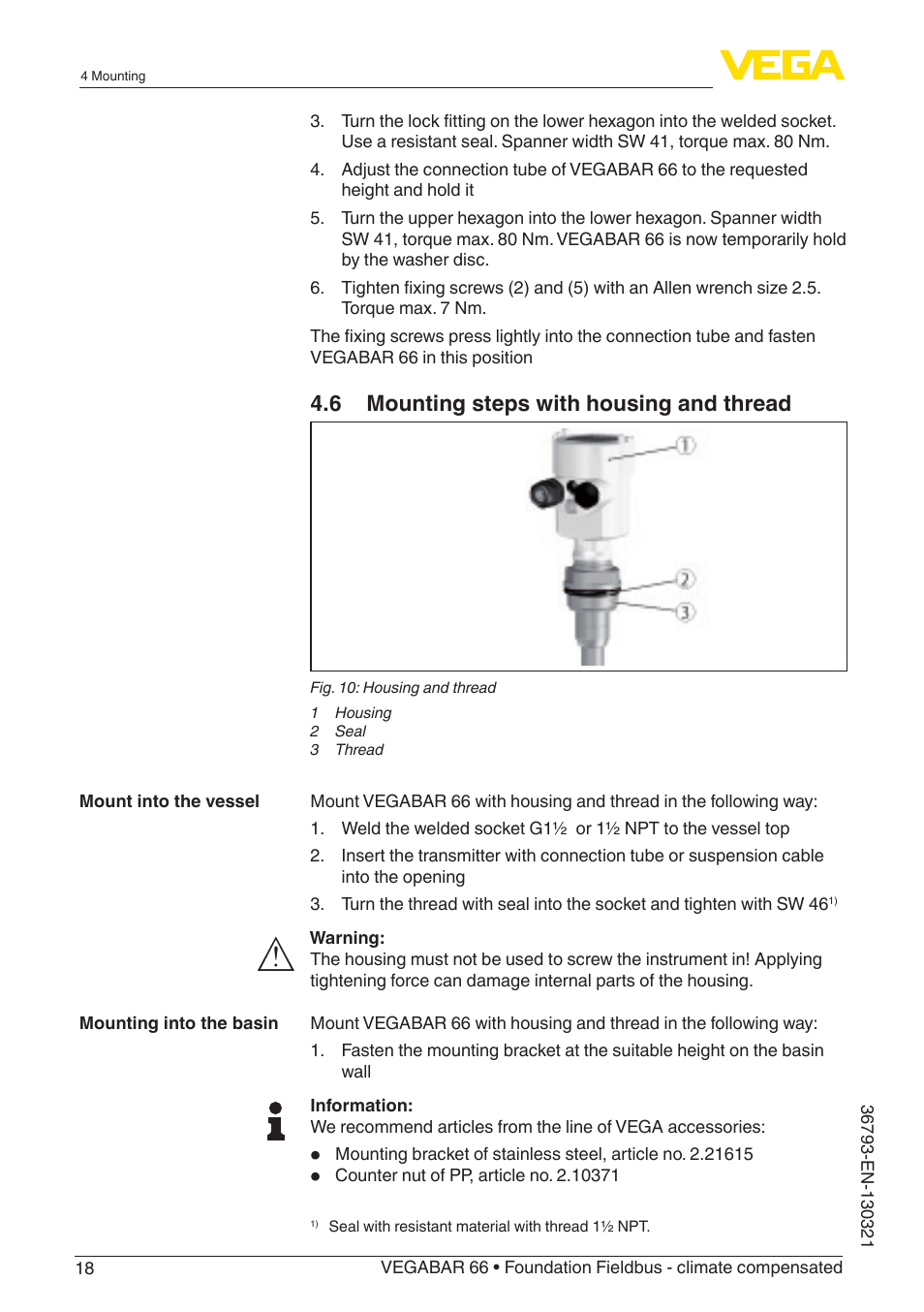 6 mounting steps with housing and thread | VEGA VEGABAR 66 Foundation Fieldbus - climate compensated User Manual | Page 18 / 76