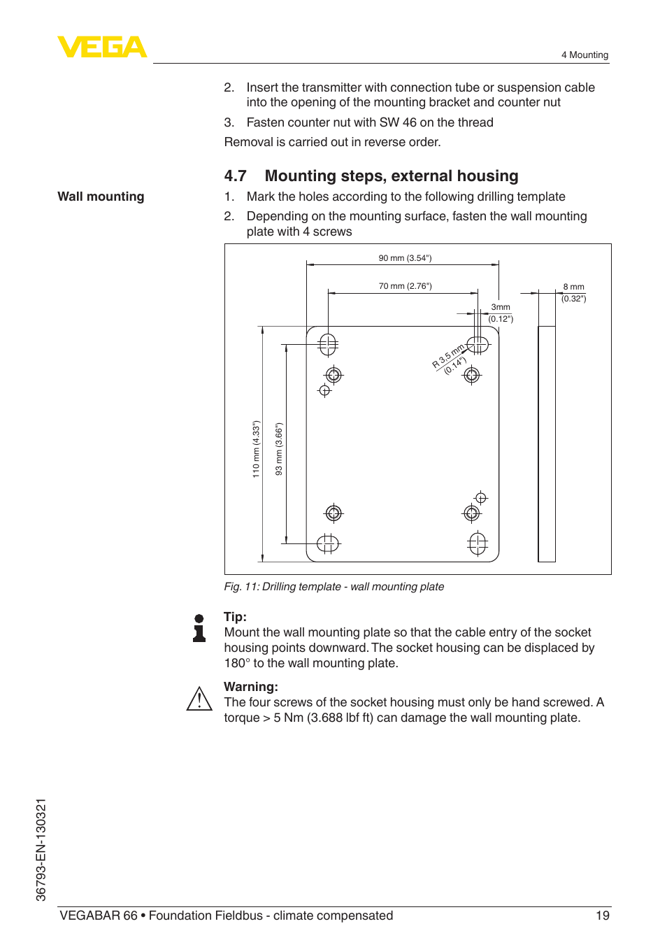 7 mounting steps, external housing | VEGA VEGABAR 66 Foundation Fieldbus - climate compensated User Manual | Page 19 / 76