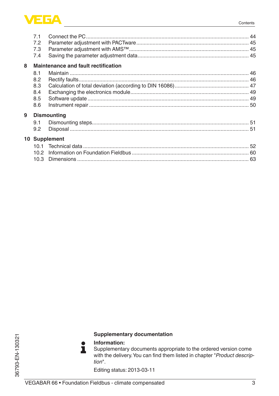 VEGA VEGABAR 66 Foundation Fieldbus - climate compensated User Manual | Page 3 / 76