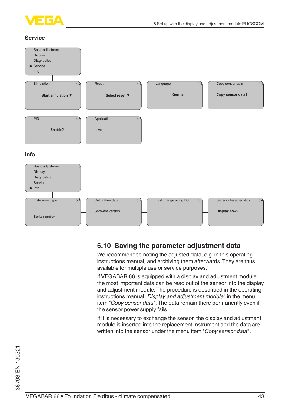 10 saving the parameter adjustment data, Info | VEGA VEGABAR 66 Foundation Fieldbus - climate compensated User Manual | Page 43 / 76