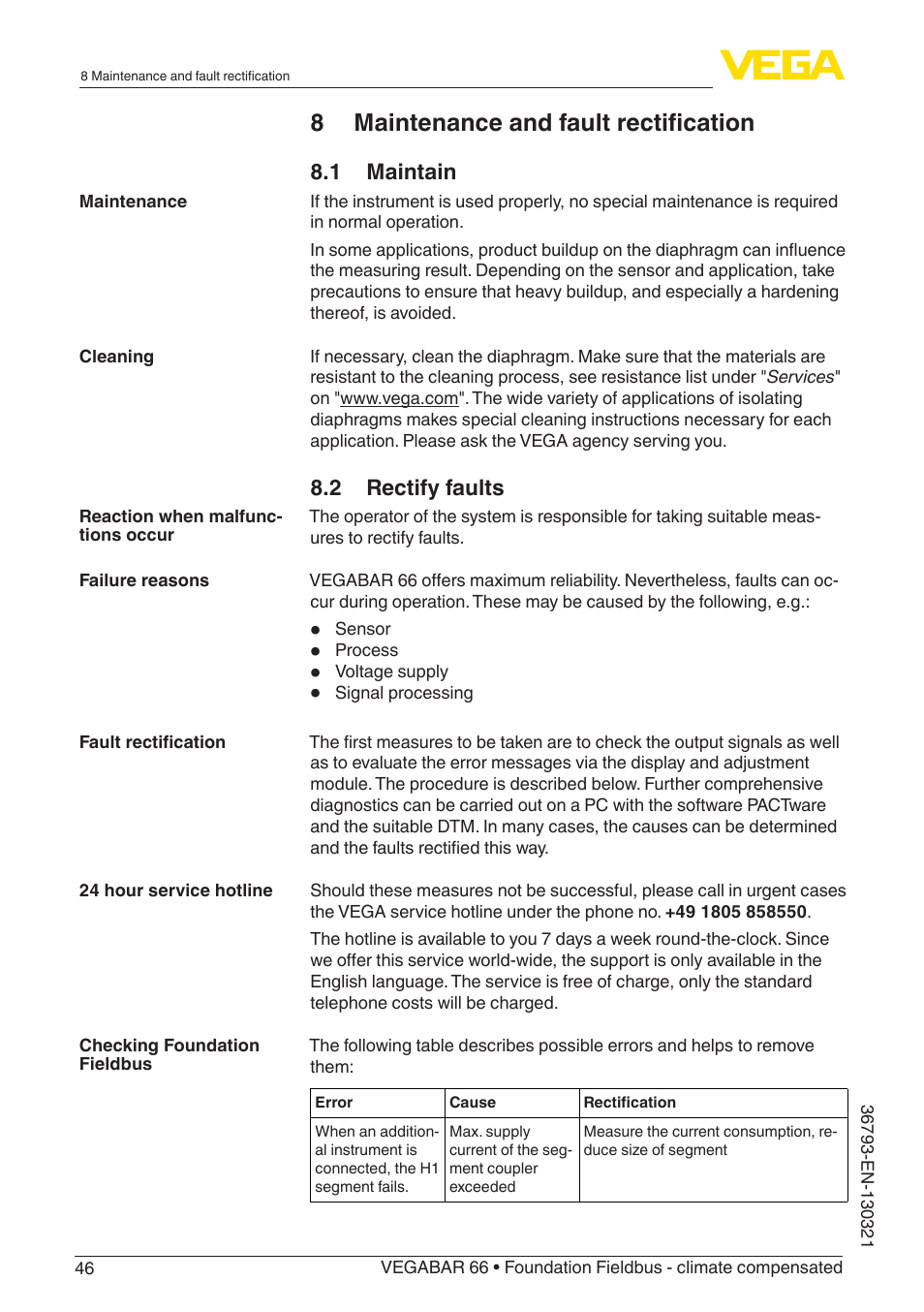 8 maintenance and fault rectification, 1 maintain, 2 rectify faults | VEGA VEGABAR 66 Foundation Fieldbus - climate compensated User Manual | Page 46 / 76