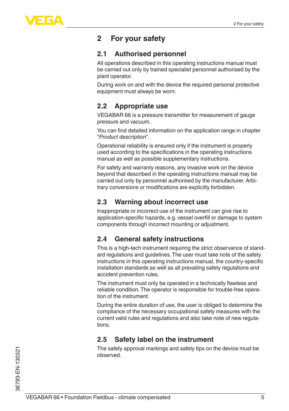 2 for your safety | VEGA VEGABAR 66 Foundation Fieldbus - climate compensated User Manual | Page 5 / 76