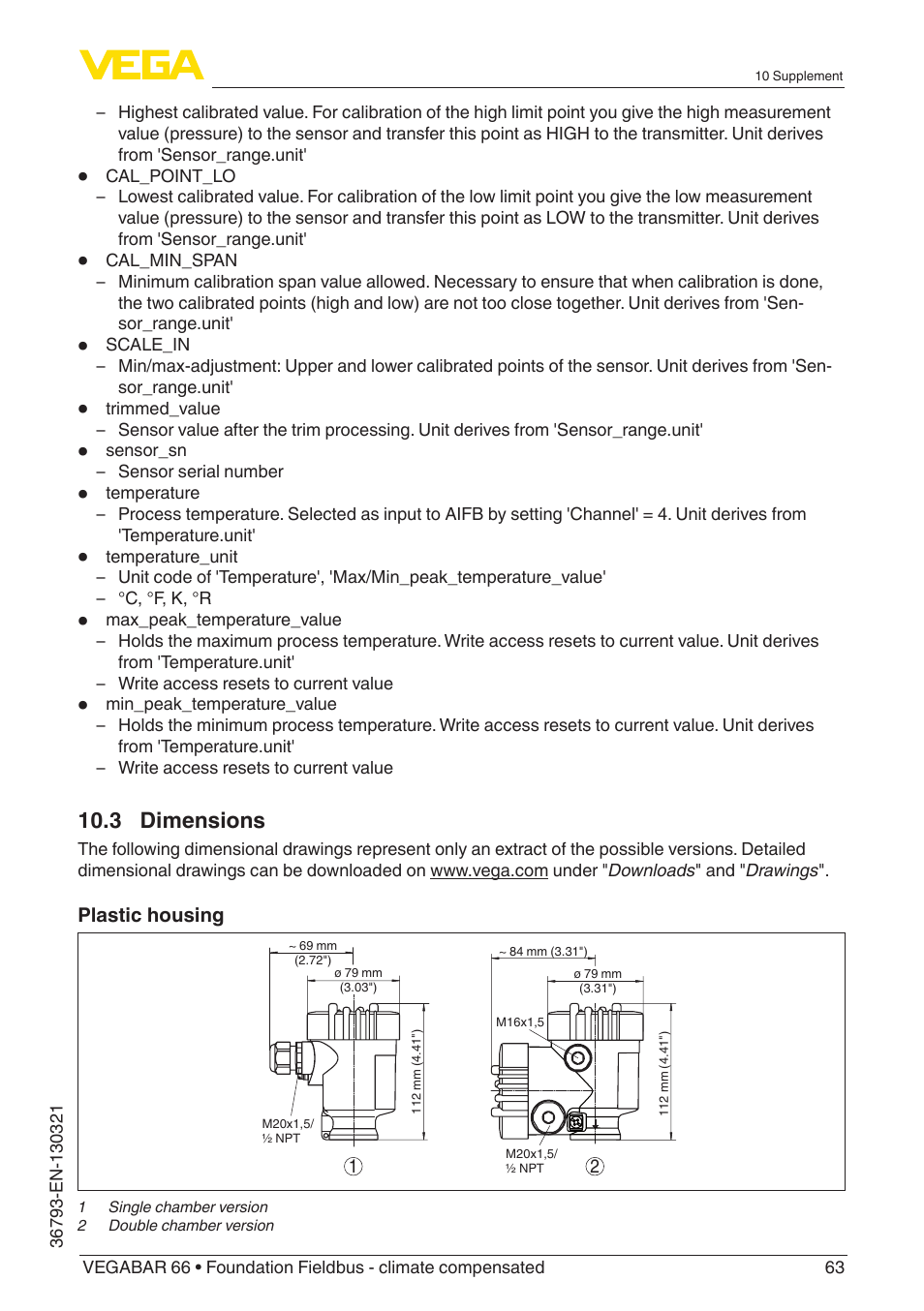 3 dimensions | VEGA VEGABAR 66 Foundation Fieldbus - climate compensated User Manual | Page 63 / 76