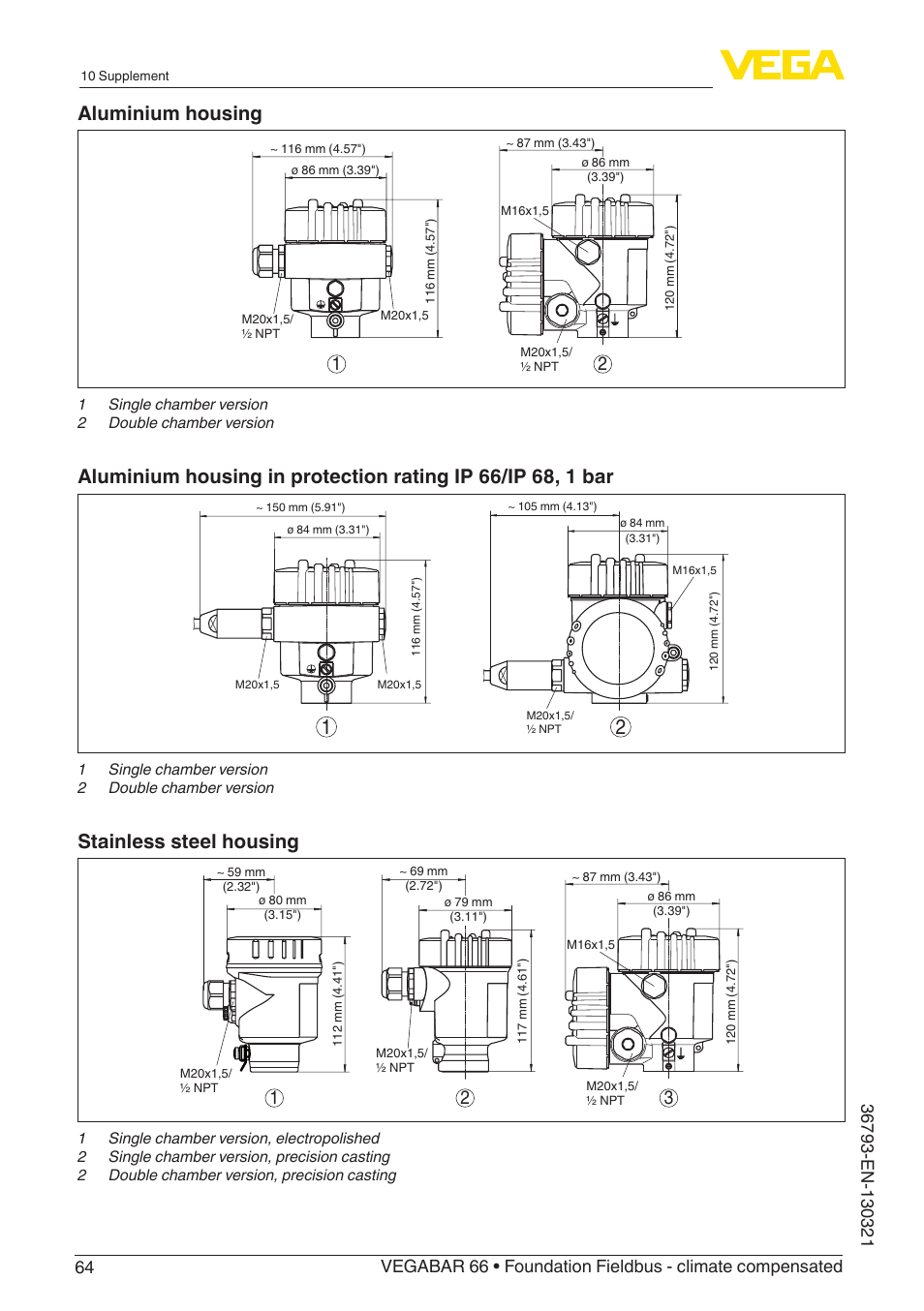 Aluminium housing, Stainless steel housing | VEGA VEGABAR 66 Foundation Fieldbus - climate compensated User Manual | Page 64 / 76