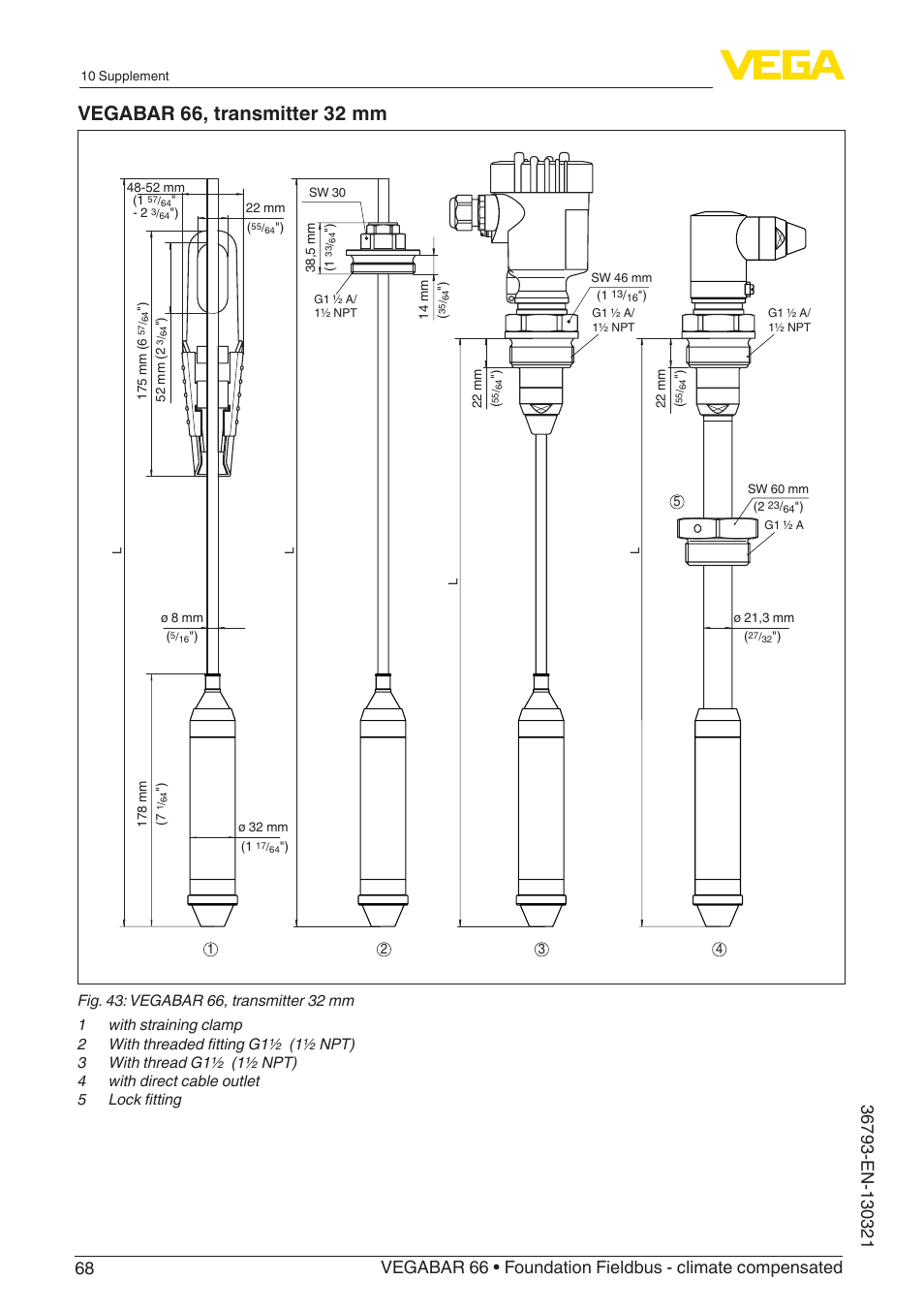 Vegabar 66, transmitter 32 mm | VEGA VEGABAR 66 Foundation Fieldbus - climate compensated User Manual | Page 68 / 76