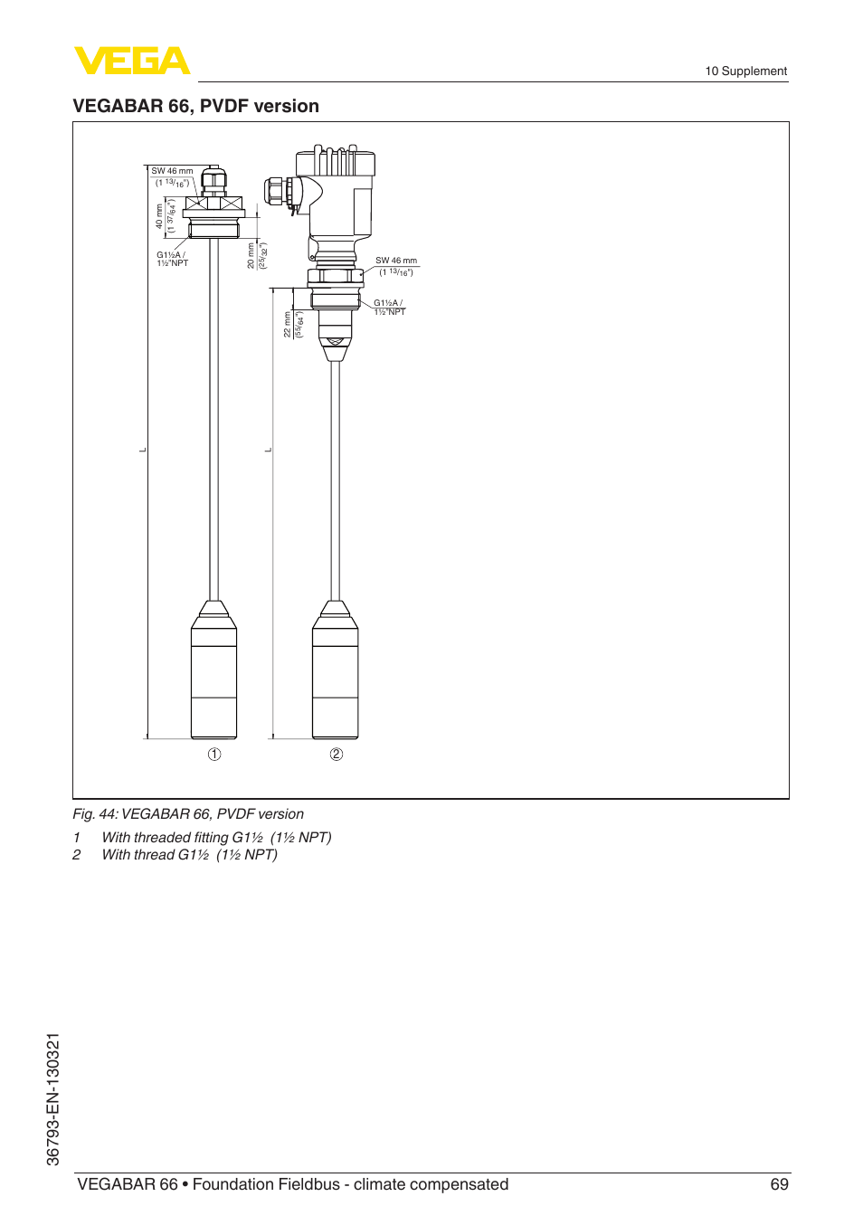 Vegabar 66, pvdf version | VEGA VEGABAR 66 Foundation Fieldbus - climate compensated User Manual | Page 69 / 76