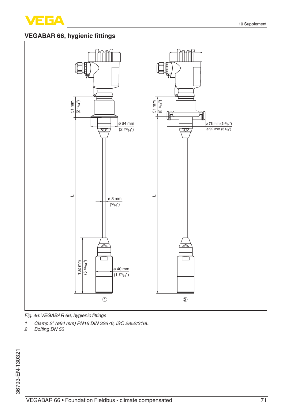 Vegabar 66, hygienic fittings | VEGA VEGABAR 66 Foundation Fieldbus - climate compensated User Manual | Page 71 / 76