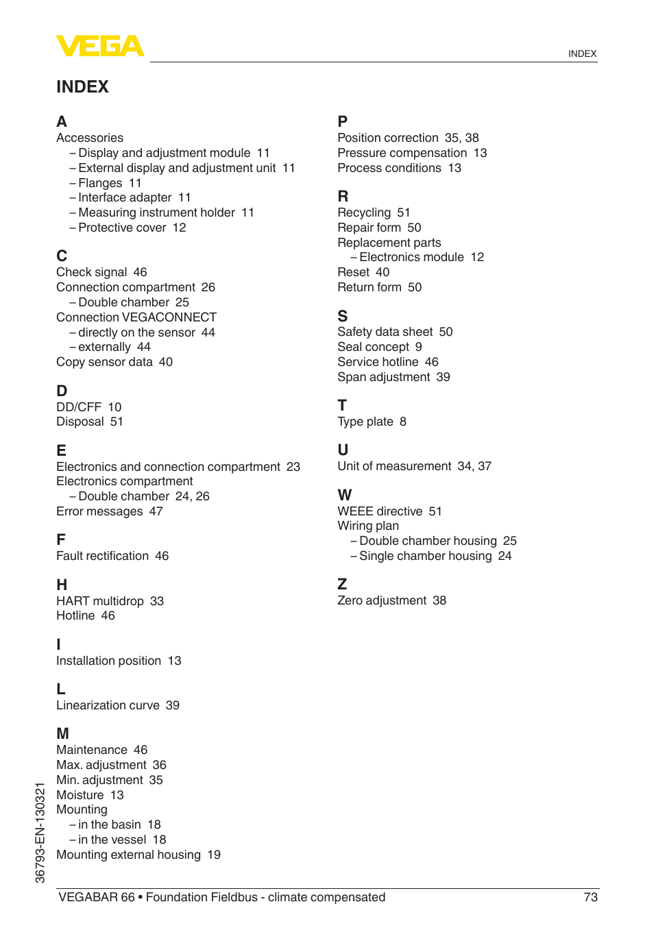 Index | VEGA VEGABAR 66 Foundation Fieldbus - climate compensated User Manual | Page 73 / 76