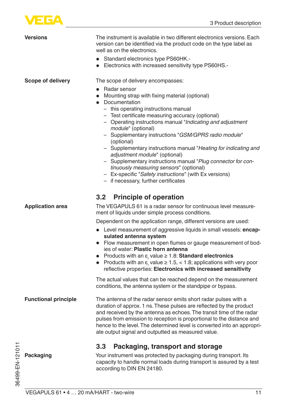 2 principle of operation, 3 packaging, transport and storage | VEGA VEGAPULS 61 (≥ 2.0.0 - ≥ 4.0.0) 4 … 20 mA_HART - two-wire User Manual | Page 11 / 84