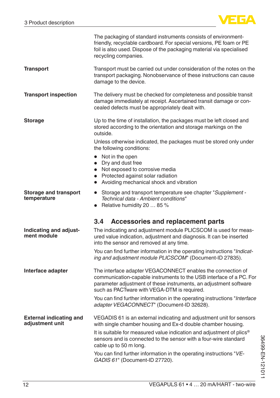 4 accessories and replacement parts | VEGA VEGAPULS 61 (≥ 2.0.0 - ≥ 4.0.0) 4 … 20 mA_HART - two-wire User Manual | Page 12 / 84