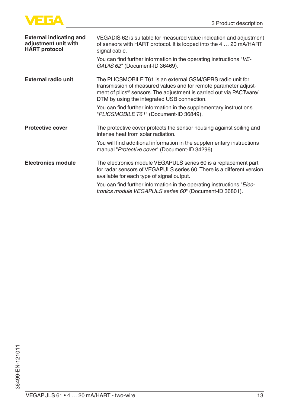 VEGA VEGAPULS 61 (≥ 2.0.0 - ≥ 4.0.0) 4 … 20 mA_HART - two-wire User Manual | Page 13 / 84