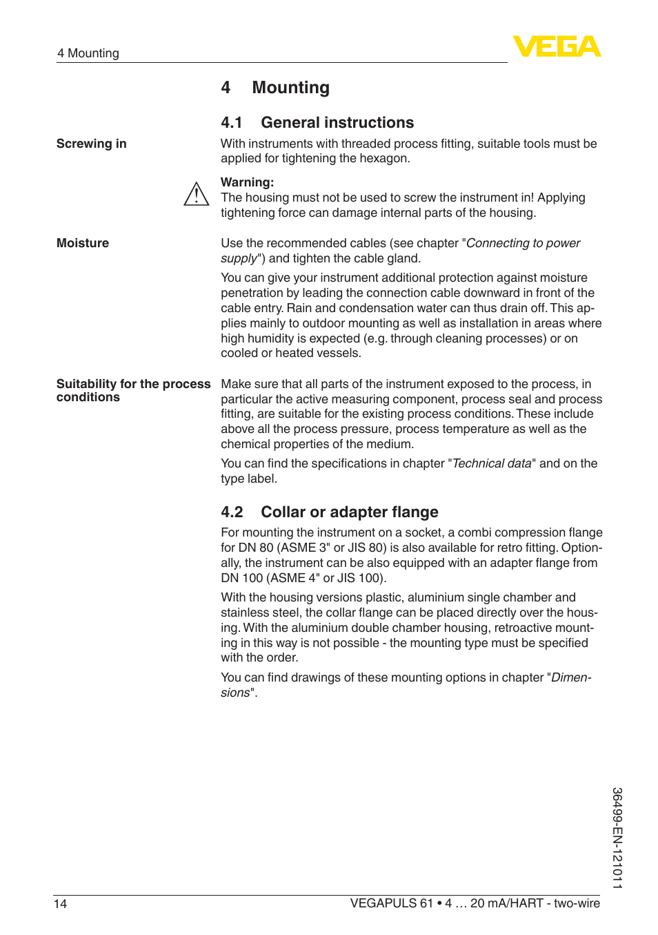 4 mounting, 1 general instructions, 2 collar or adapter flange | VEGA VEGAPULS 61 (≥ 2.0.0 - ≥ 4.0.0) 4 … 20 mA_HART - two-wire User Manual | Page 14 / 84