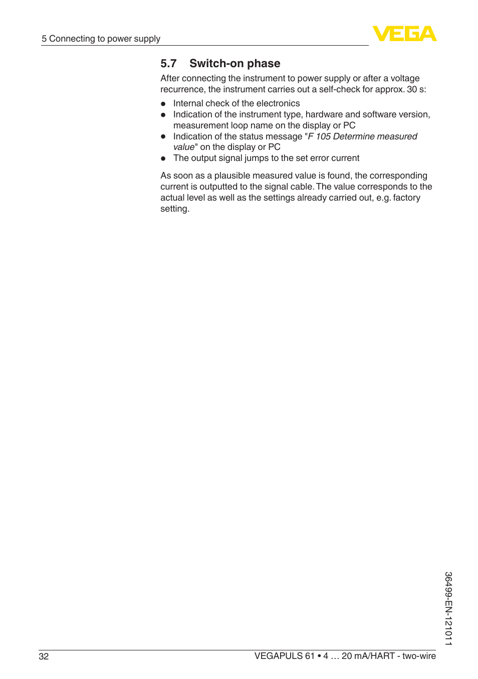 7 switch-on phase | VEGA VEGAPULS 61 (≥ 2.0.0 - ≥ 4.0.0) 4 … 20 mA_HART - two-wire User Manual | Page 32 / 84