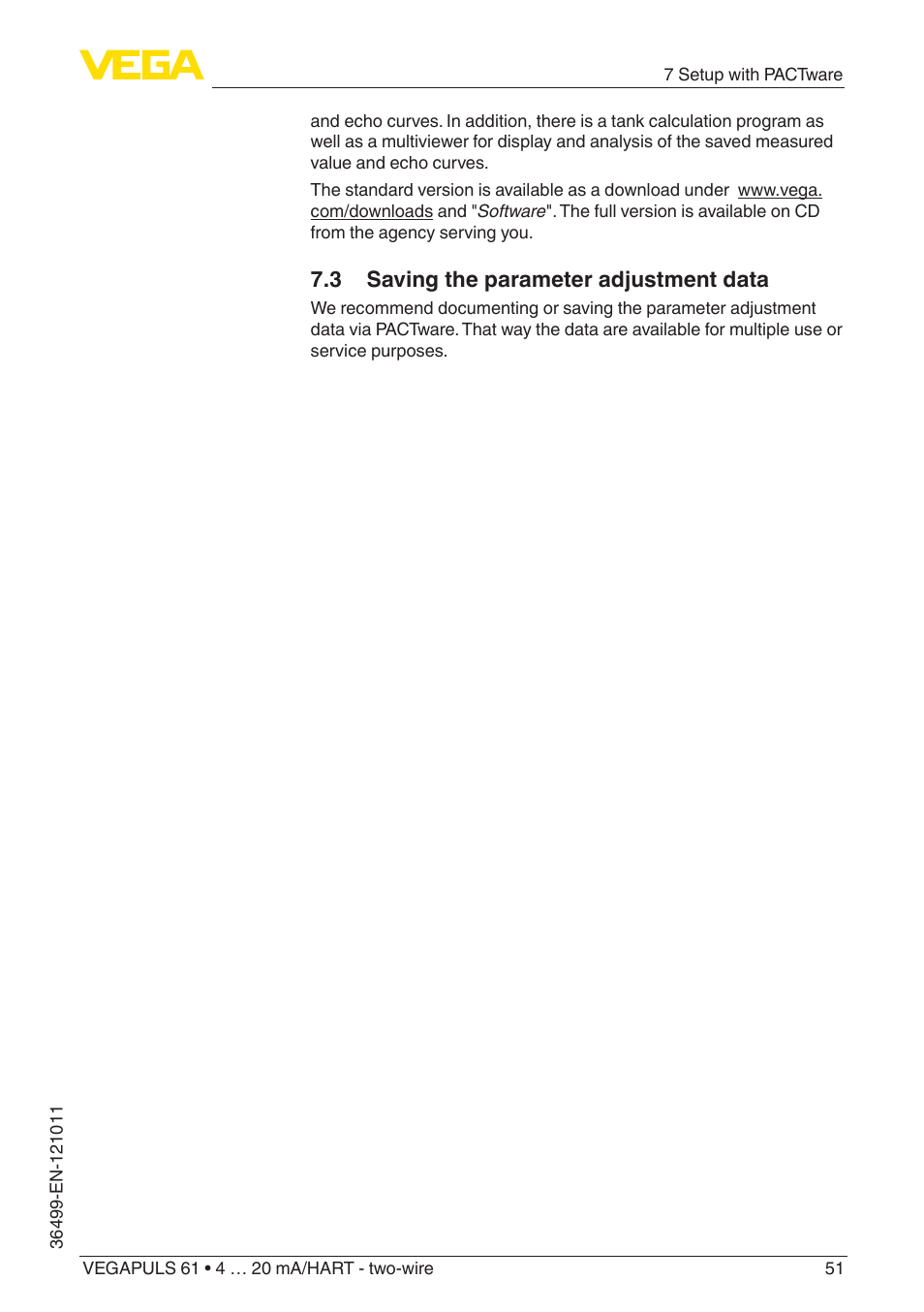 3 saving the parameter adjustment data | VEGA VEGAPULS 61 (≥ 2.0.0 - ≥ 4.0.0) 4 … 20 mA_HART - two-wire User Manual | Page 51 / 84