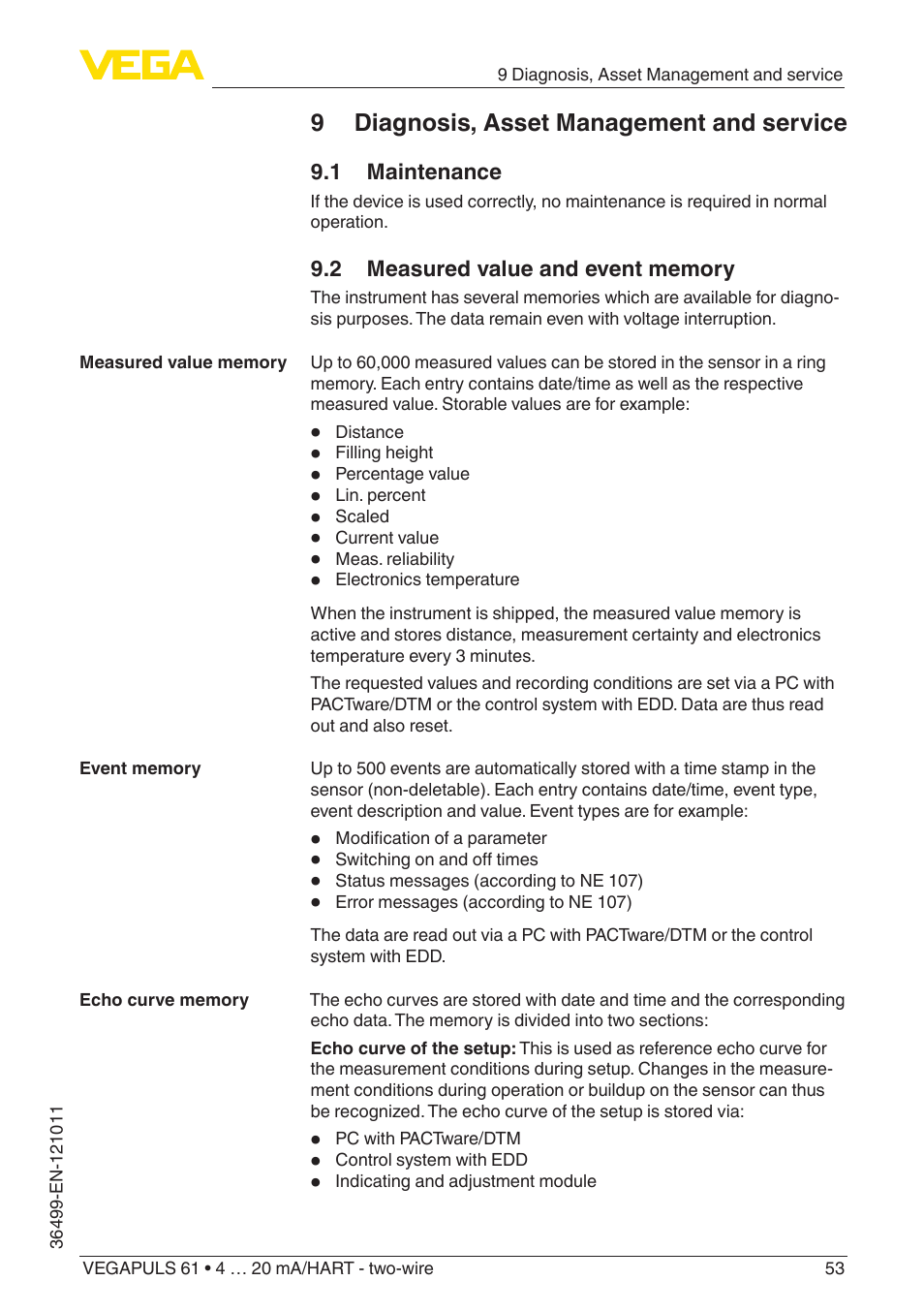 9 diagnosis, asset management and service, 1 maintenance, 2 measured value and event memory | VEGA VEGAPULS 61 (≥ 2.0.0 - ≥ 4.0.0) 4 … 20 mA_HART - two-wire User Manual | Page 53 / 84