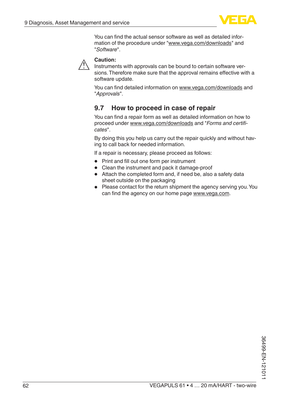 7 how to proceed in case of repair | VEGA VEGAPULS 61 (≥ 2.0.0 - ≥ 4.0.0) 4 … 20 mA_HART - two-wire User Manual | Page 62 / 84