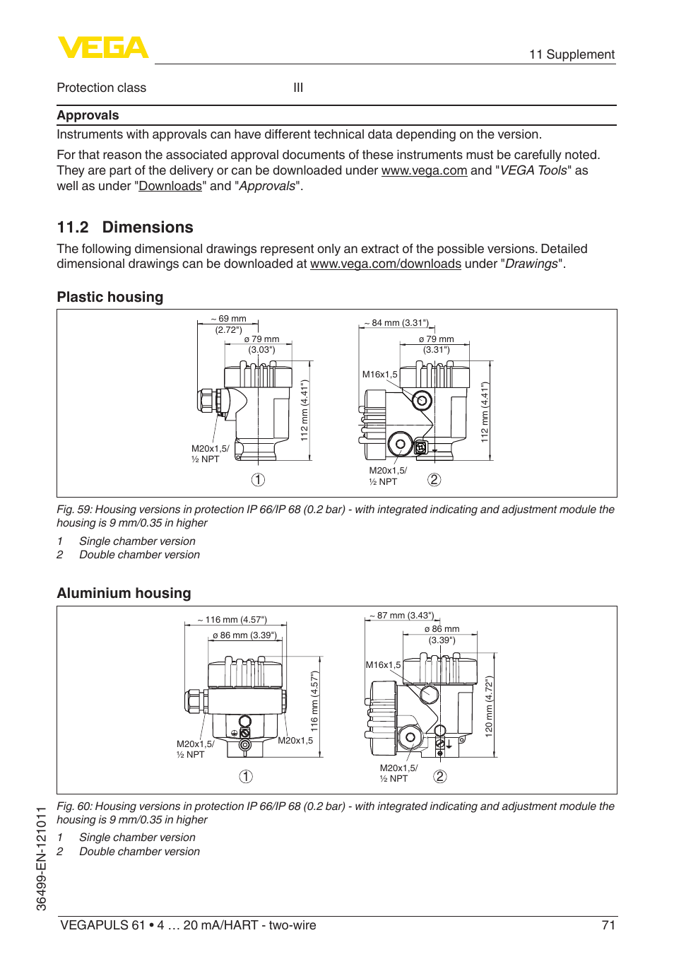2 dimensions, Plastic housing, Aluminium housing | VEGA VEGAPULS 61 (≥ 2.0.0 - ≥ 4.0.0) 4 … 20 mA_HART - two-wire User Manual | Page 71 / 84
