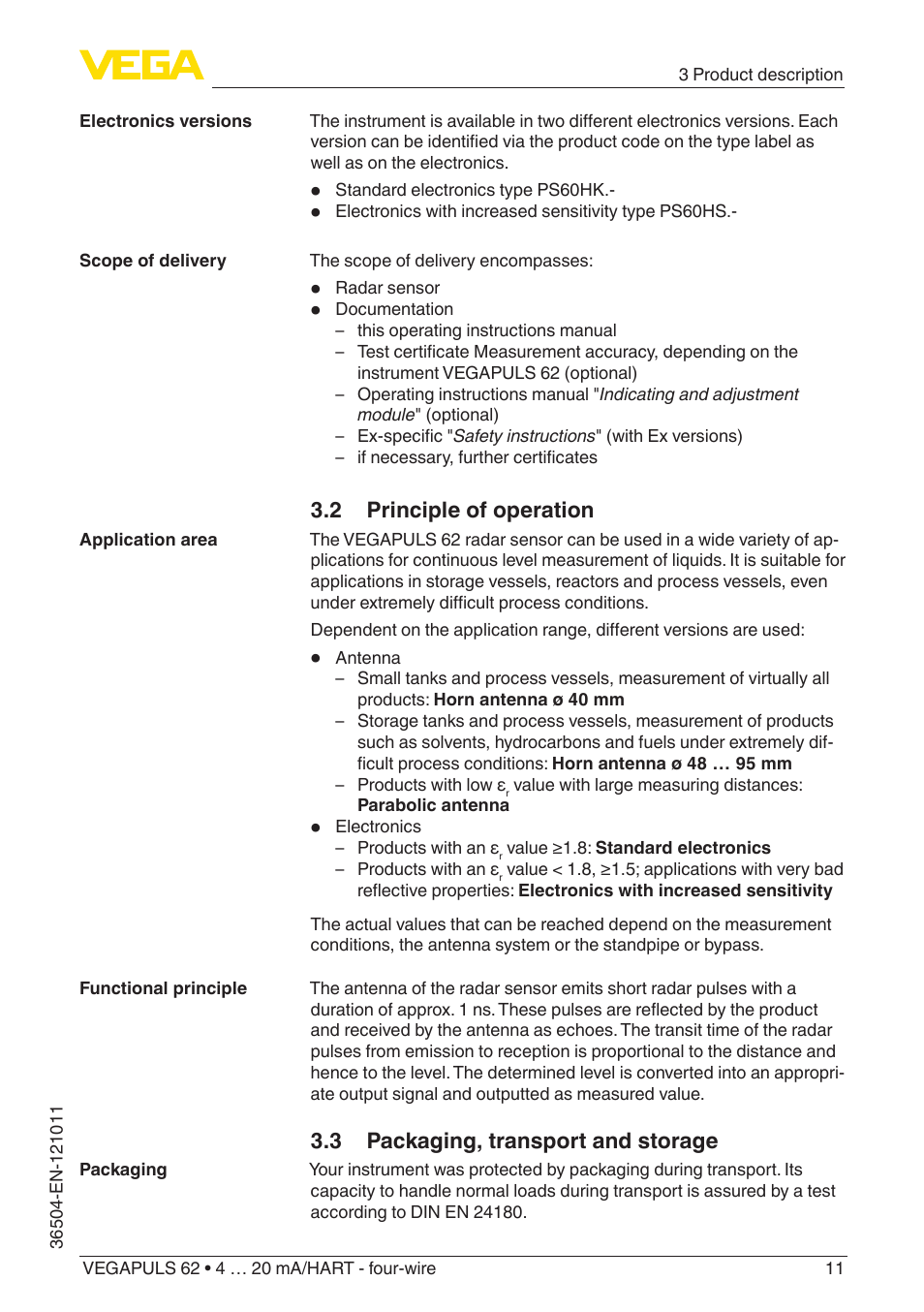 2 principle of operation, 3 packaging, transport and storage | VEGA VEGAPULS 62 (≥ 2.0.0 - ≥ 4.0.0) 4 … 20 mA_HART - four-wire User Manual | Page 11 / 80