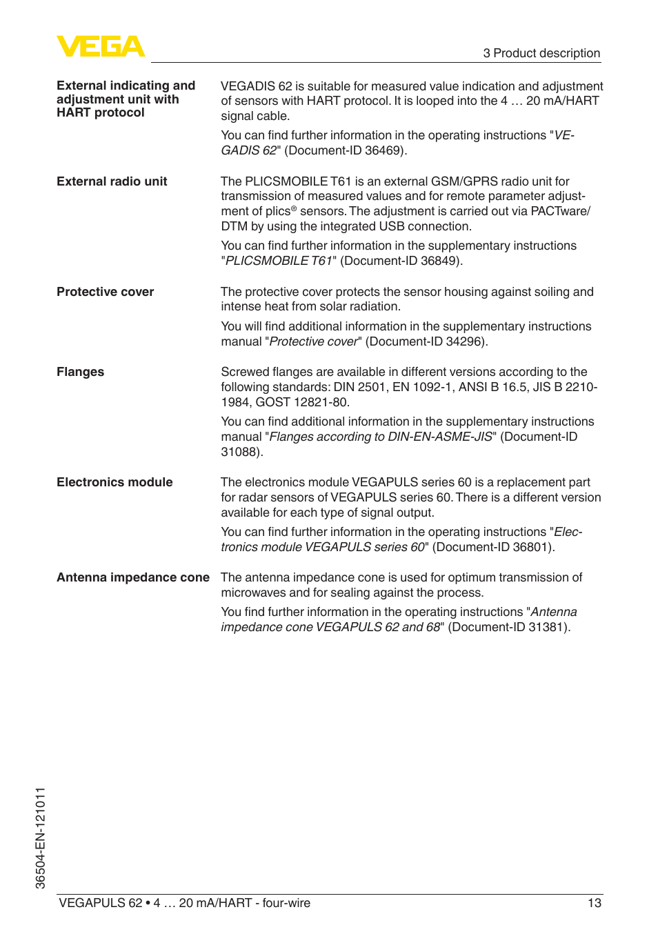 VEGA VEGAPULS 62 (≥ 2.0.0 - ≥ 4.0.0) 4 … 20 mA_HART - four-wire User Manual | Page 13 / 80