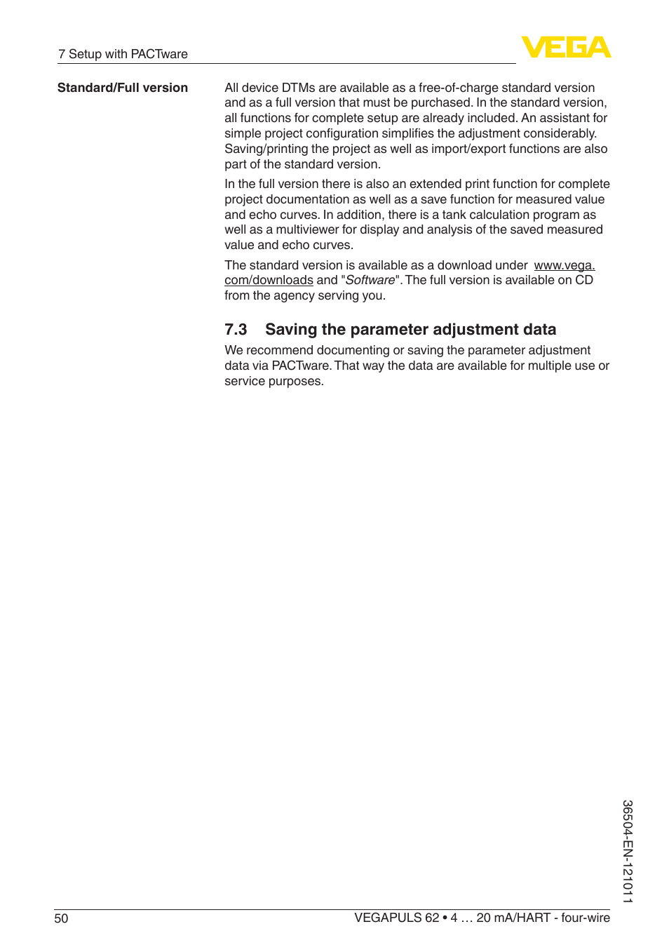 3 saving the parameter adjustment data | VEGA VEGAPULS 62 (≥ 2.0.0 - ≥ 4.0.0) 4 … 20 mA_HART - four-wire User Manual | Page 50 / 80