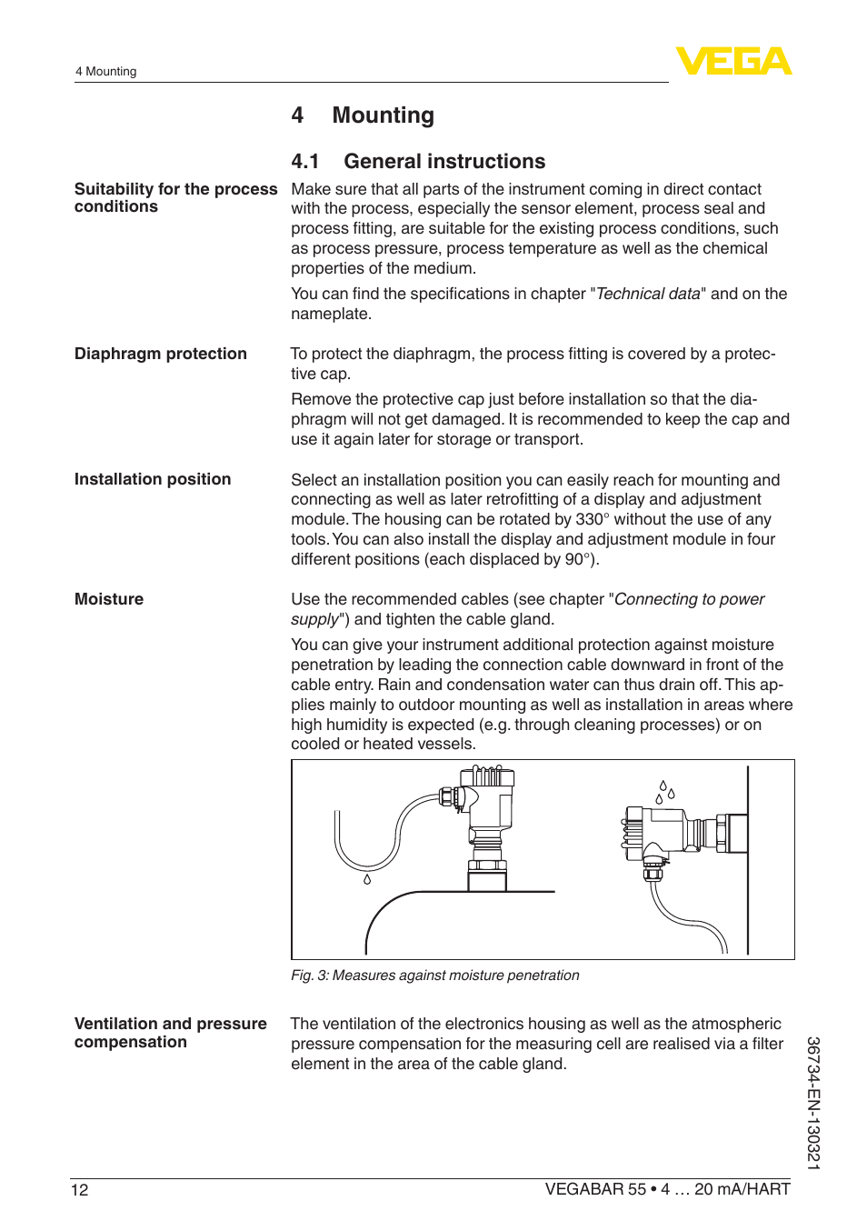 4 mounting, 1 general instructions | VEGA VEGABAR 55 4 … 20 mA_HART User Manual | Page 12 / 72