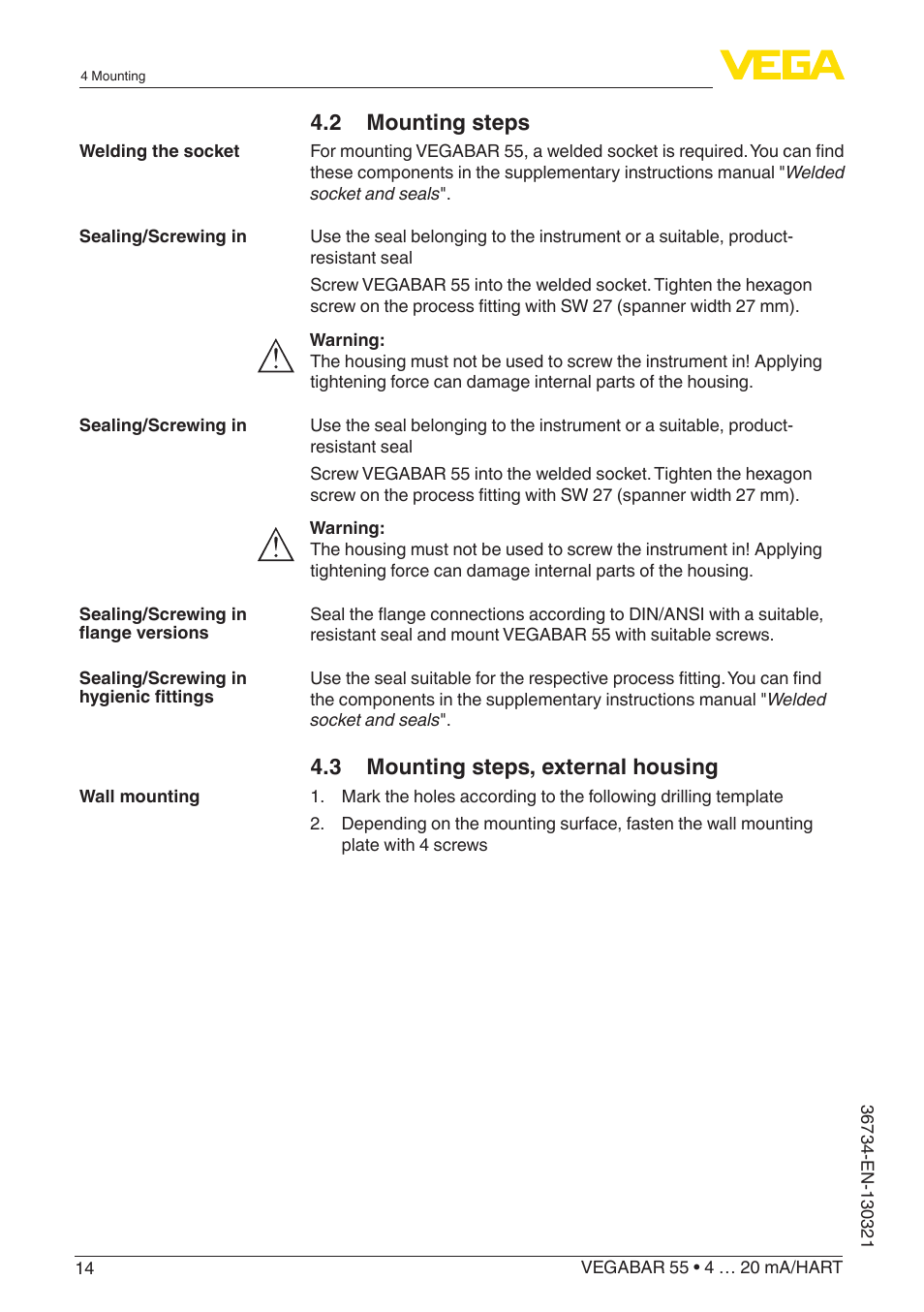 2 mounting steps, 3 mounting steps, external housing | VEGA VEGABAR 55 4 … 20 mA_HART User Manual | Page 14 / 72