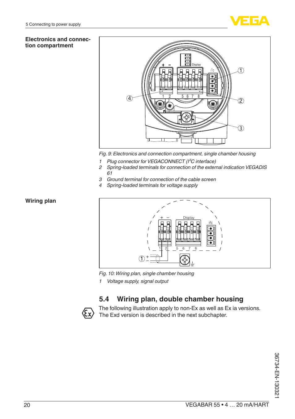 4 wiring plan, double chamber housing | VEGA VEGABAR 55 4 … 20 mA_HART User Manual | Page 20 / 72