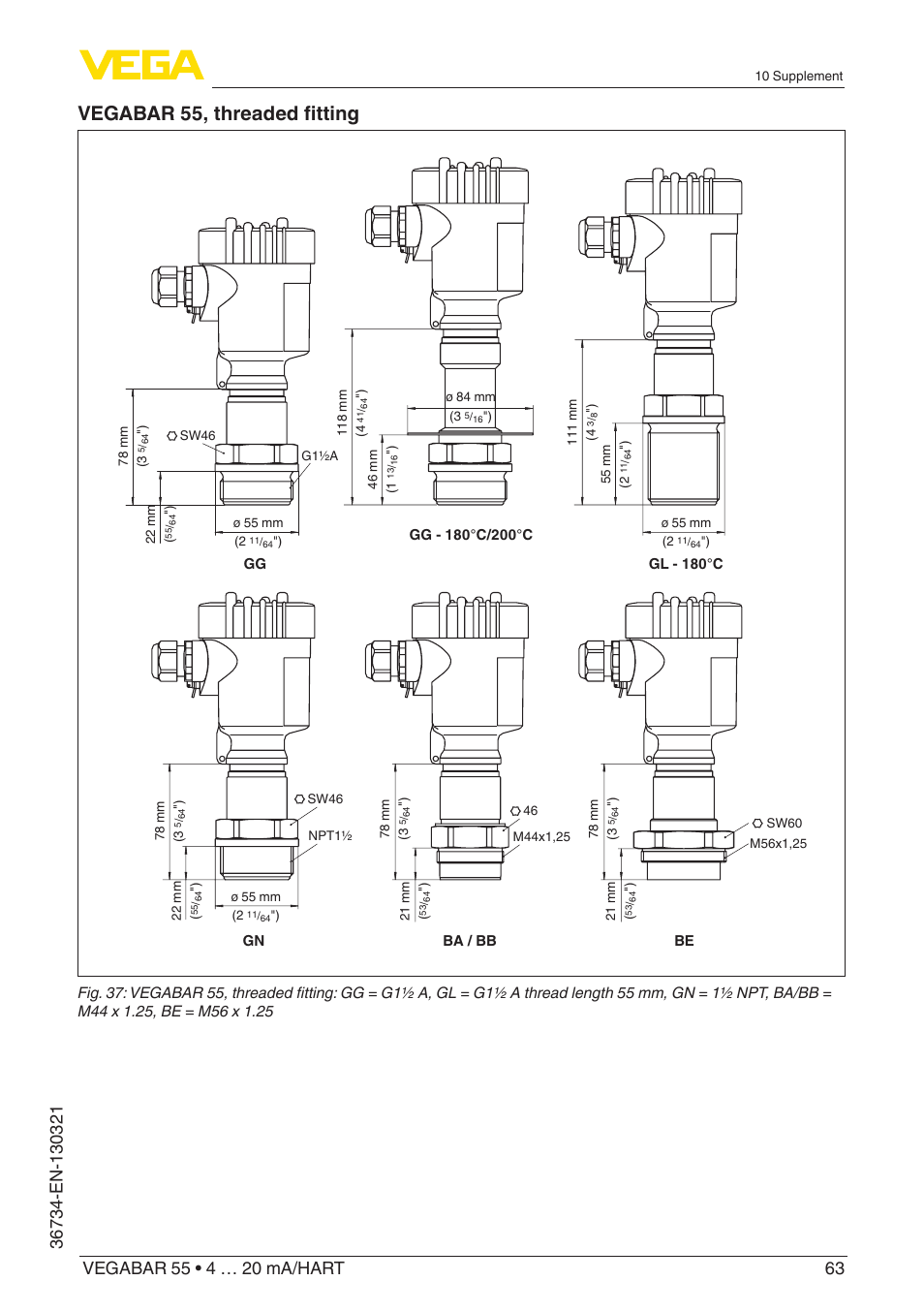 Vegabar 55, threaded fitting | VEGA VEGABAR 55 4 … 20 mA_HART User Manual | Page 63 / 72