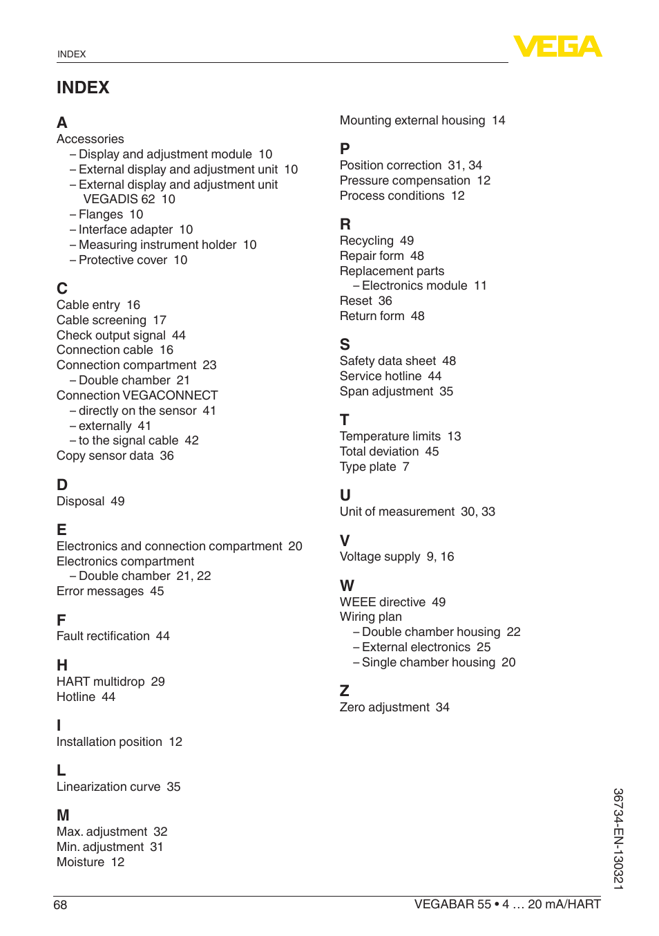 Index | VEGA VEGABAR 55 4 … 20 mA_HART User Manual | Page 68 / 72