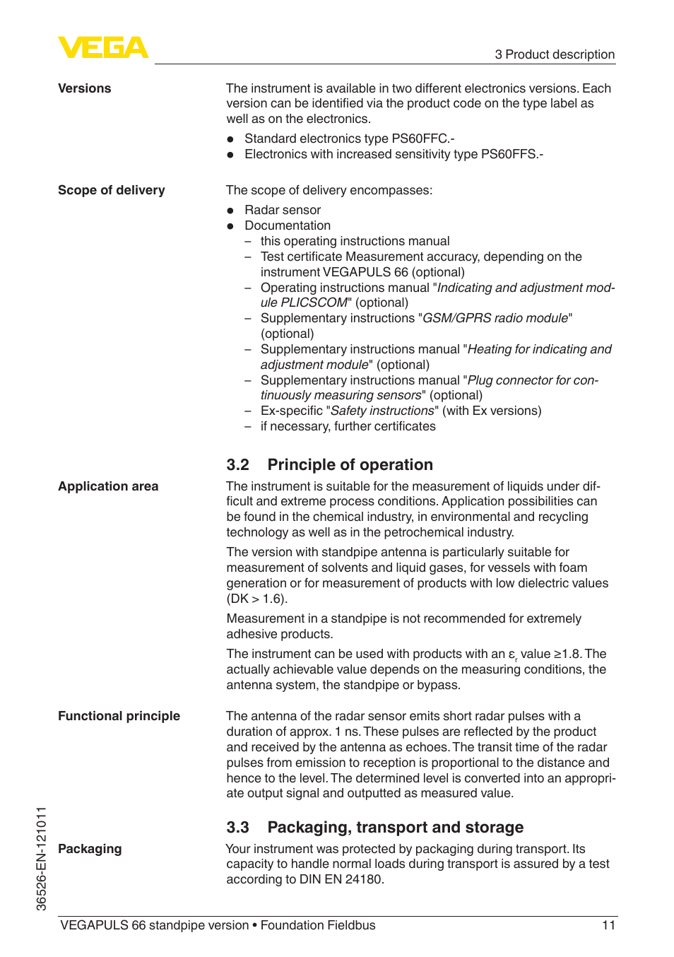 2 principle of operation, 3 packaging, transport and storage | VEGA VEGAPULS 66 (≥ 2.0.0 - ≥ 4.0.0) standpipe ver. Foundation Fieldbus User Manual | Page 11 / 68