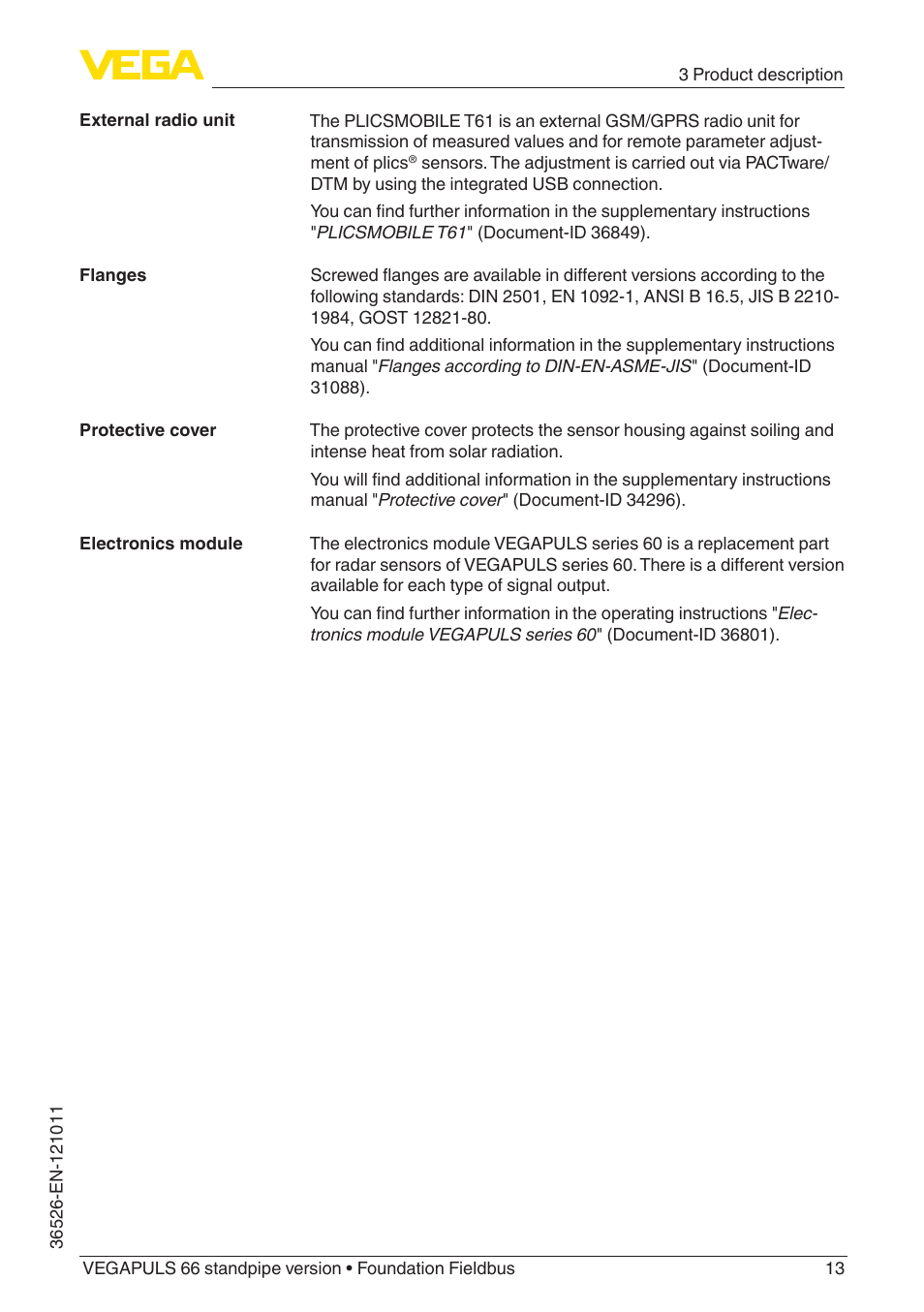 VEGA VEGAPULS 66 (≥ 2.0.0 - ≥ 4.0.0) standpipe ver. Foundation Fieldbus User Manual | Page 13 / 68