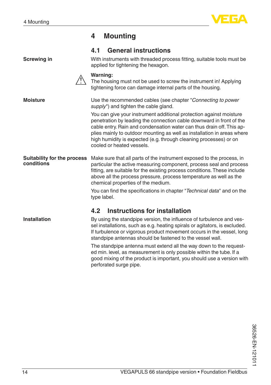 4 mounting, 1 general instructions, 2 instructions for installation | VEGA VEGAPULS 66 (≥ 2.0.0 - ≥ 4.0.0) standpipe ver. Foundation Fieldbus User Manual | Page 14 / 68