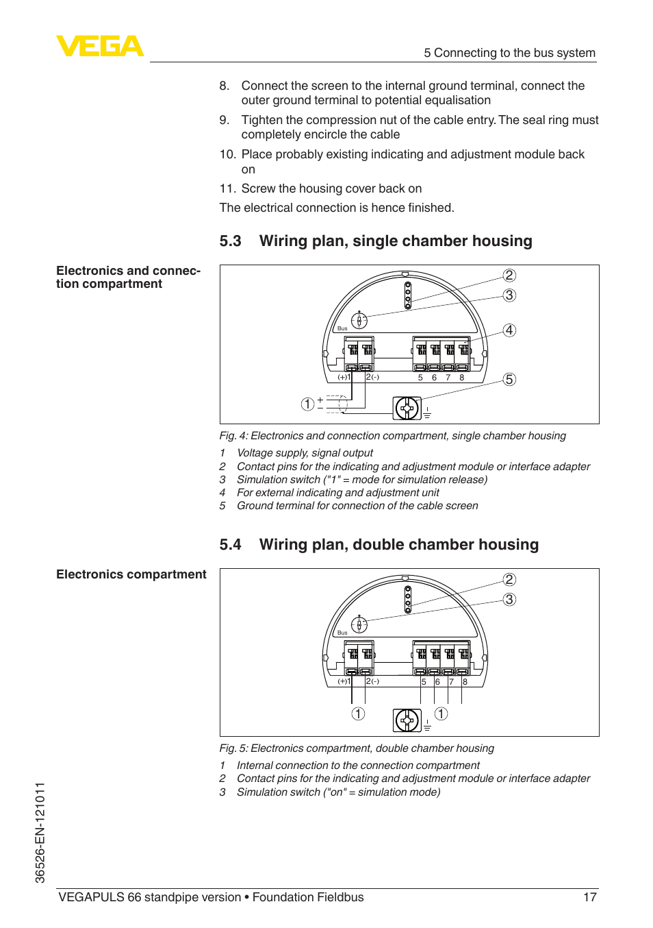 3 wiring plan, single chamber housing, 4 wiring plan, double chamber housing | VEGA VEGAPULS 66 (≥ 2.0.0 - ≥ 4.0.0) standpipe ver. Foundation Fieldbus User Manual | Page 17 / 68