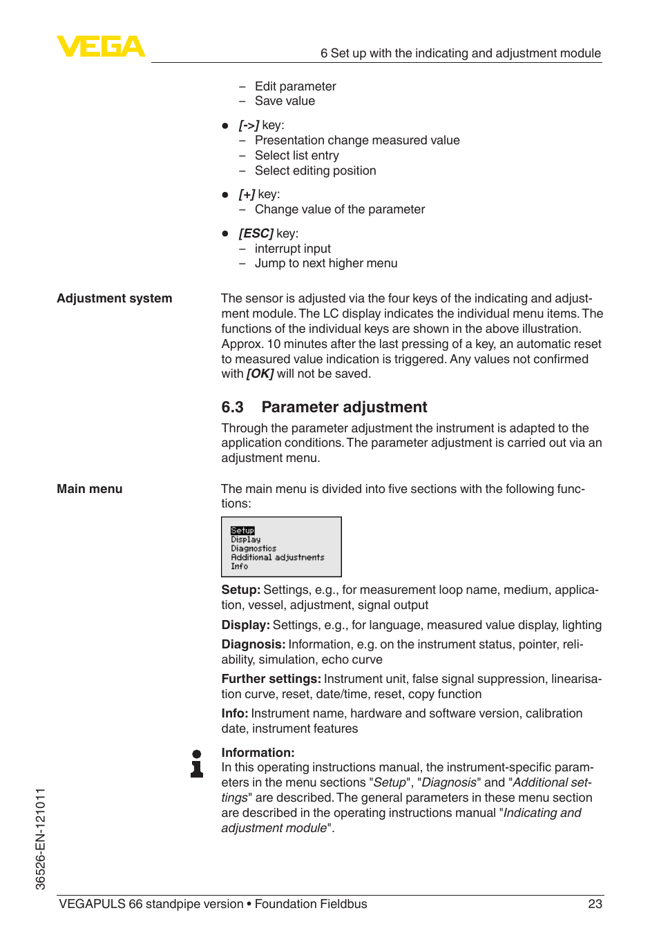 3 parameter adjustment | VEGA VEGAPULS 66 (≥ 2.0.0 - ≥ 4.0.0) standpipe ver. Foundation Fieldbus User Manual | Page 23 / 68