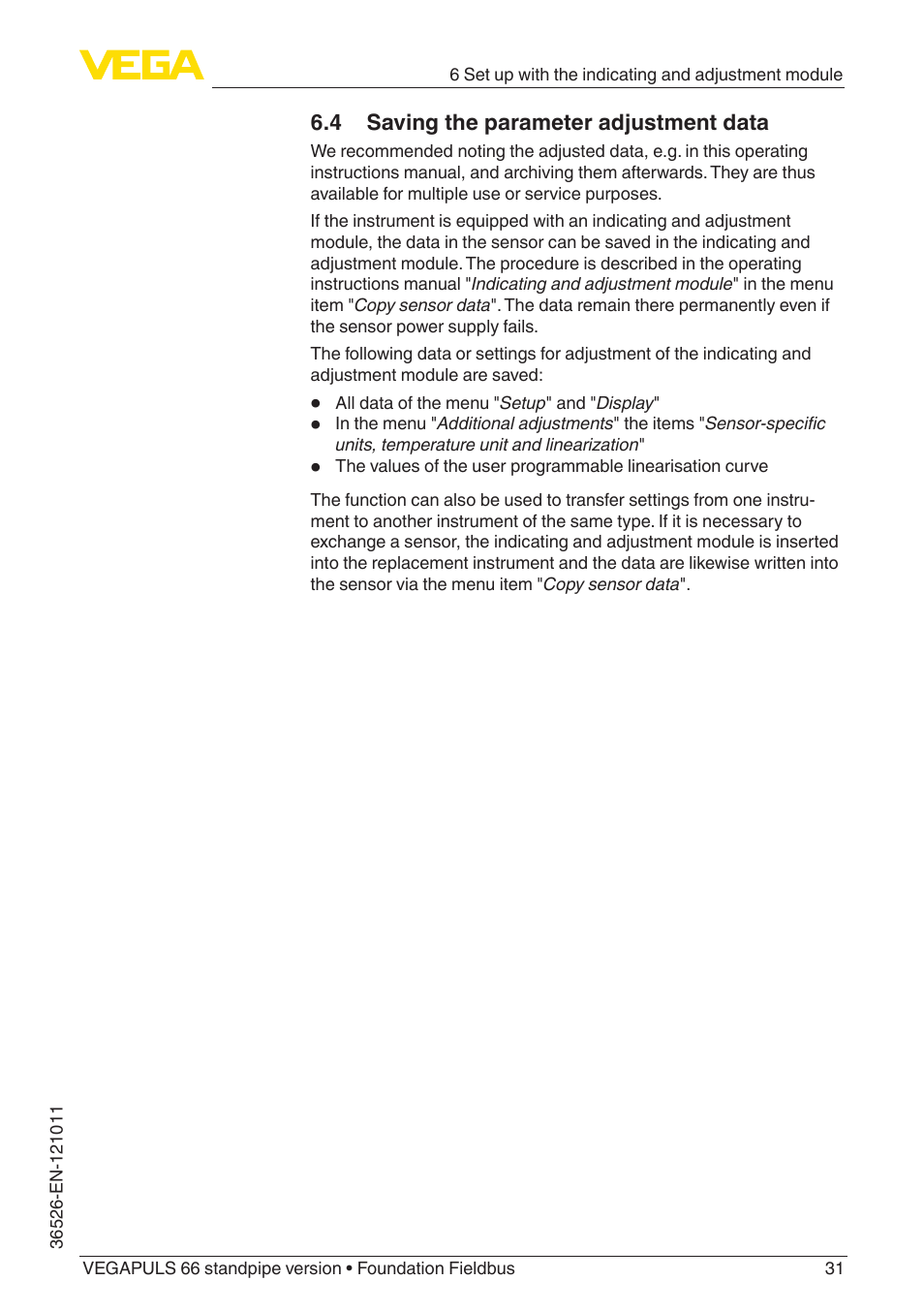 4 saving the parameter adjustment data | VEGA VEGAPULS 66 (≥ 2.0.0 - ≥ 4.0.0) standpipe ver. Foundation Fieldbus User Manual | Page 31 / 68