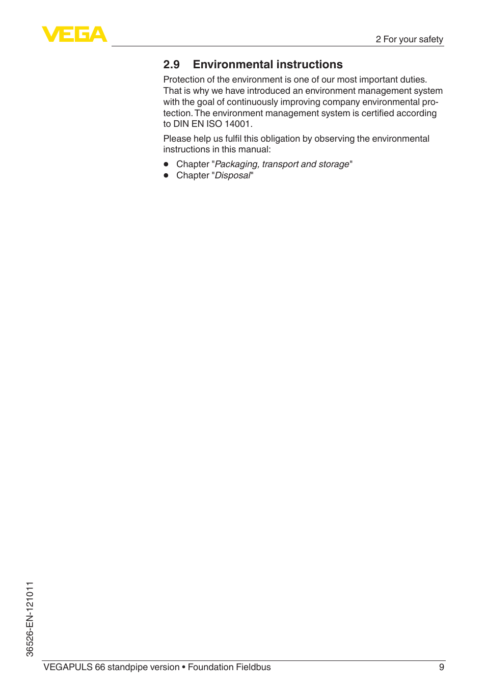 9 environmental instructions | VEGA VEGAPULS 66 (≥ 2.0.0 - ≥ 4.0.0) standpipe ver. Foundation Fieldbus User Manual | Page 9 / 68