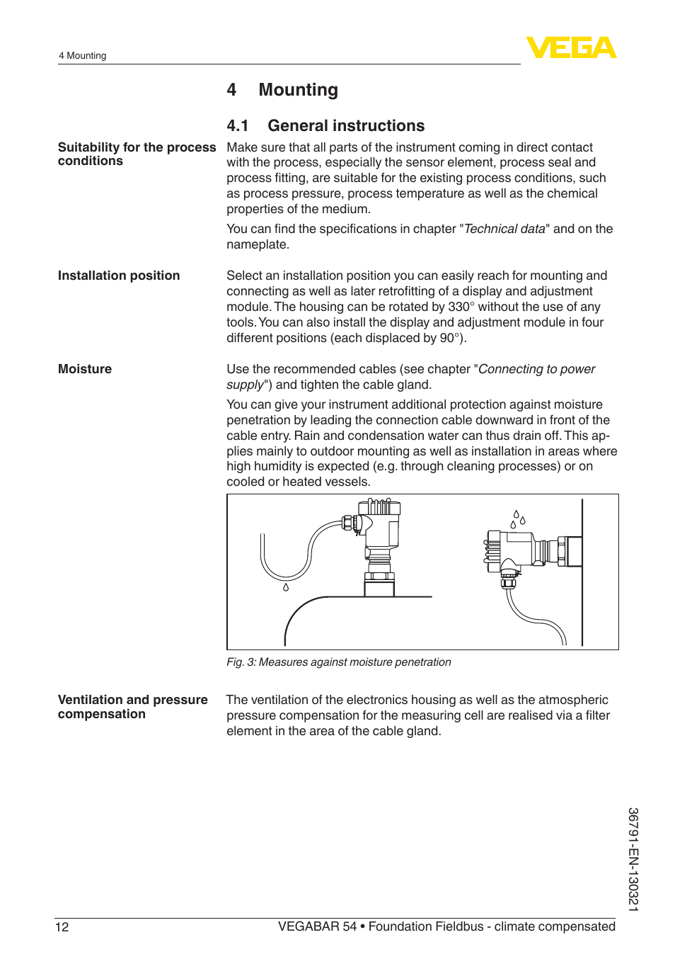 4 mounting, 1 general instructions | VEGA VEGABAR 54 Foundation Fieldbus - climate compensated User Manual | Page 12 / 72