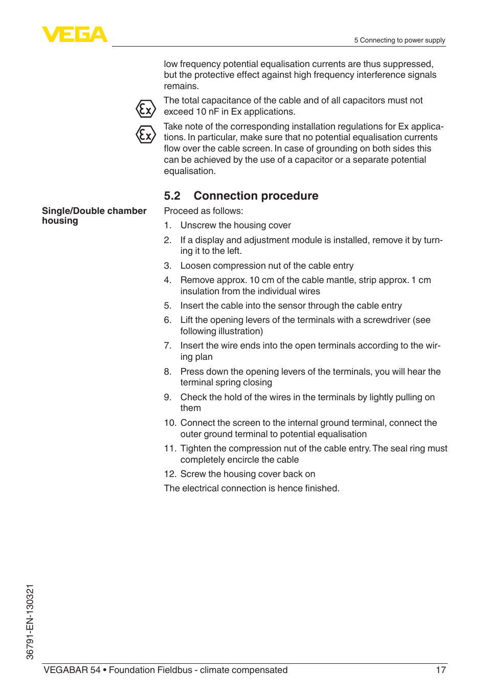 2 connection procedure | VEGA VEGABAR 54 Foundation Fieldbus - climate compensated User Manual | Page 17 / 72