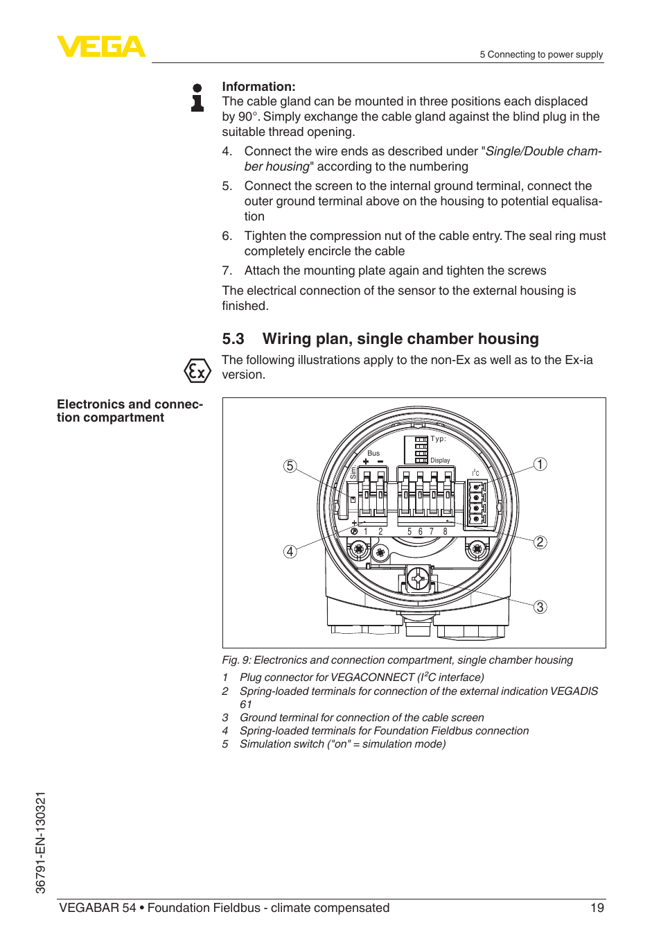 3 wiring plan, single chamber housing | VEGA VEGABAR 54 Foundation Fieldbus - climate compensated User Manual | Page 19 / 72