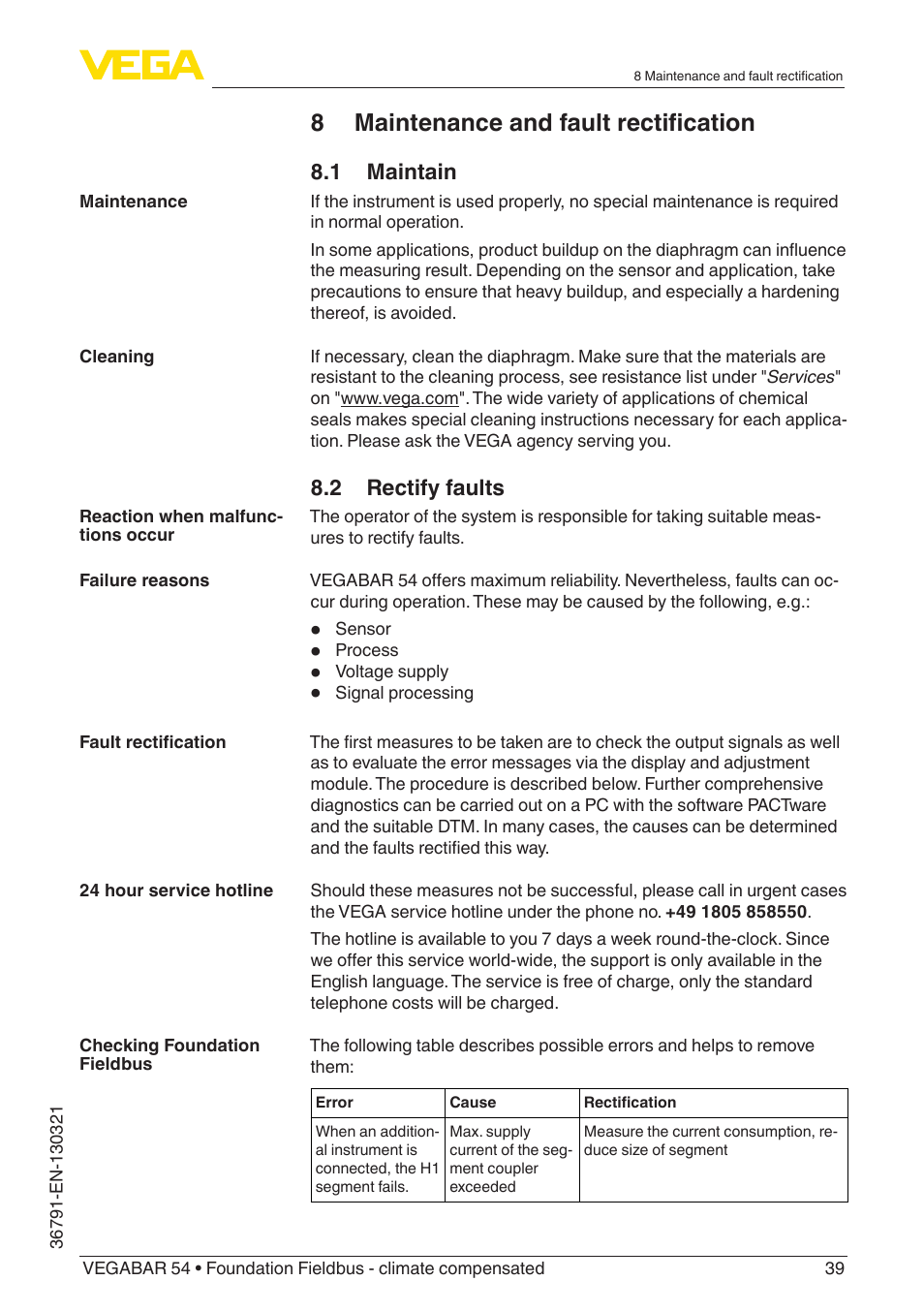 8 maintenance and fault rectification, 1 maintain, 2 rectify faults | VEGA VEGABAR 54 Foundation Fieldbus - climate compensated User Manual | Page 39 / 72