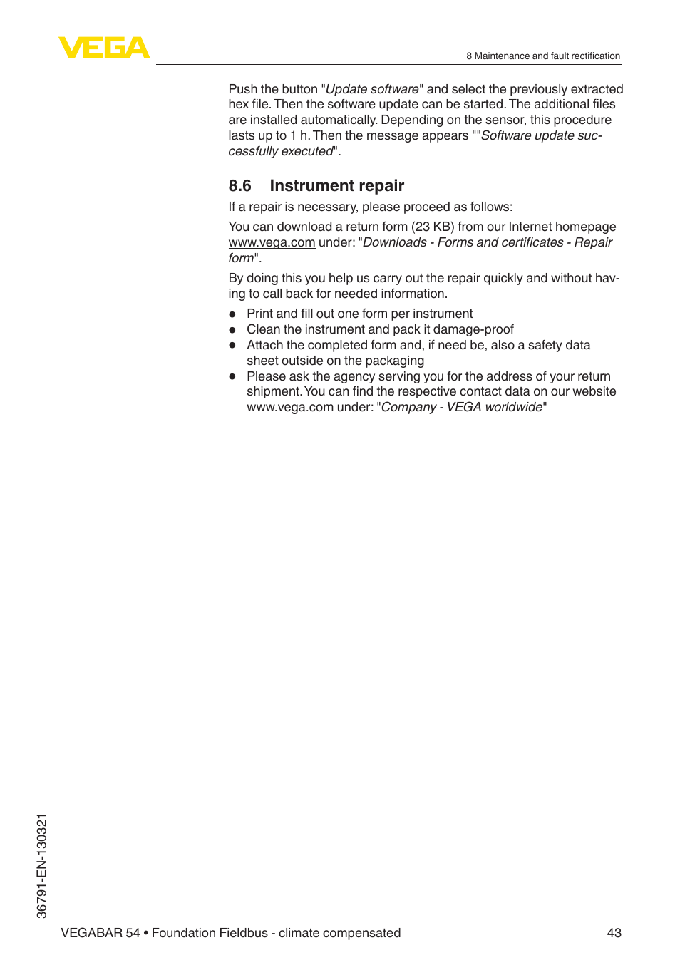 VEGA VEGABAR 54 Foundation Fieldbus - climate compensated User Manual | Page 43 / 72