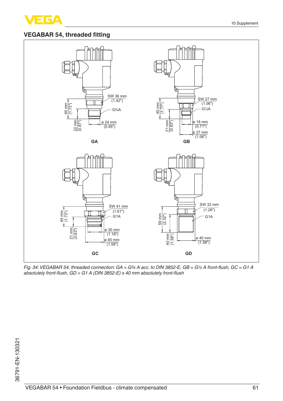 Vegabar 54, threaded fitting | VEGA VEGABAR 54 Foundation Fieldbus - climate compensated User Manual | Page 61 / 72