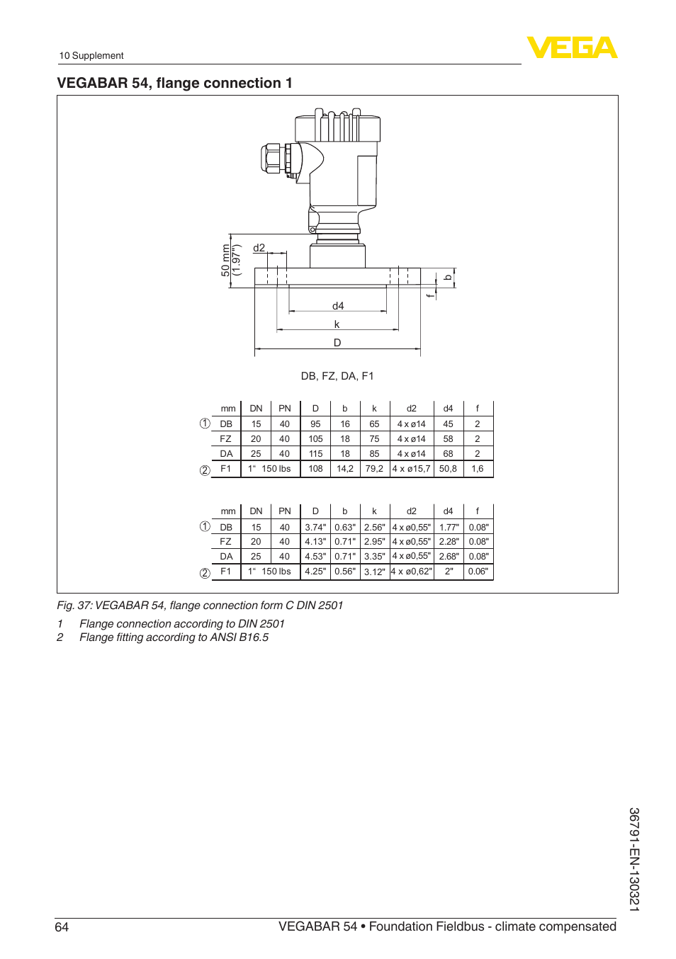 Vegabar 54, flange connection 1 | VEGA VEGABAR 54 Foundation Fieldbus - climate compensated User Manual | Page 64 / 72