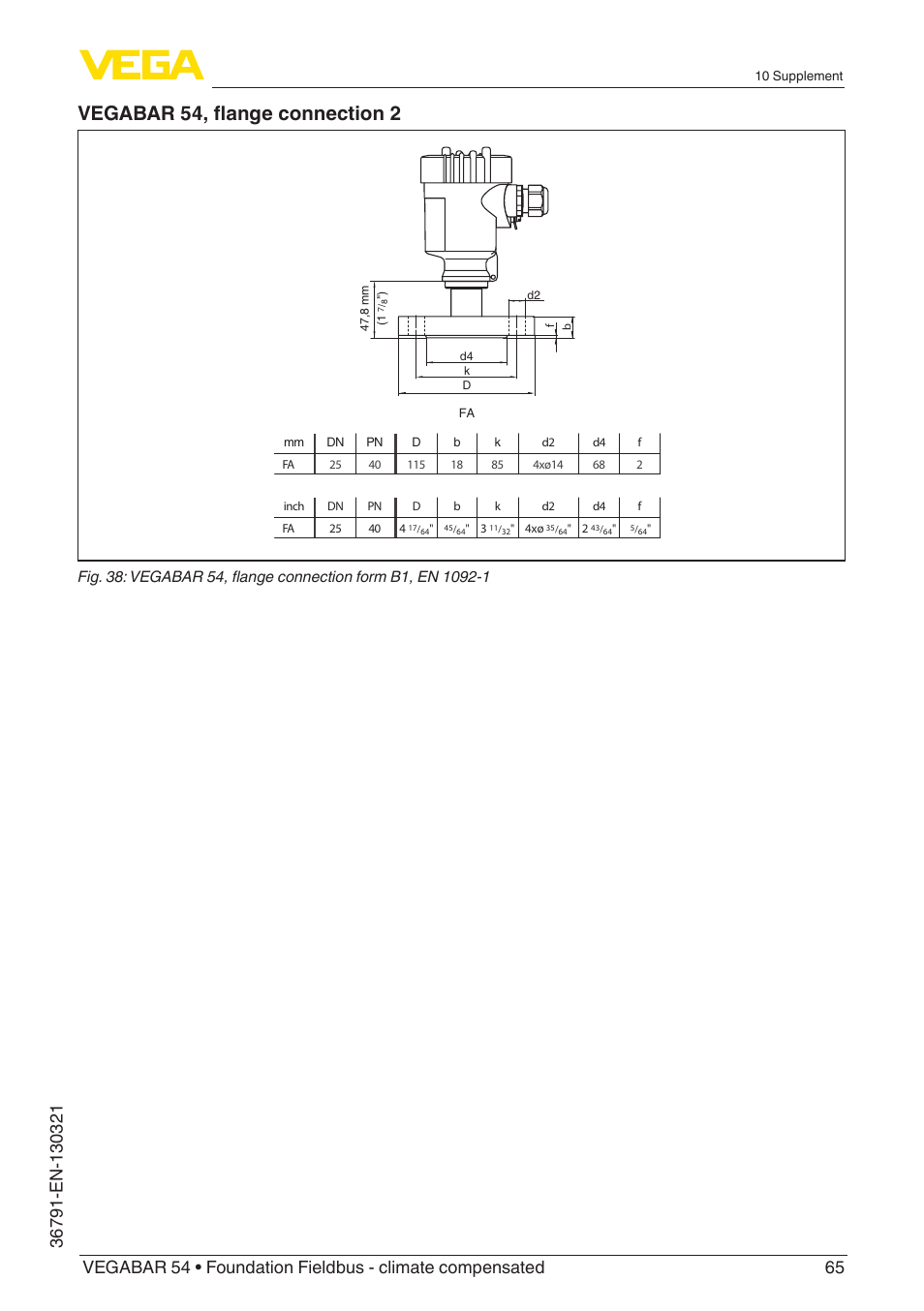 Vegabar 54, flange connection 2 | VEGA VEGABAR 54 Foundation Fieldbus - climate compensated User Manual | Page 65 / 72