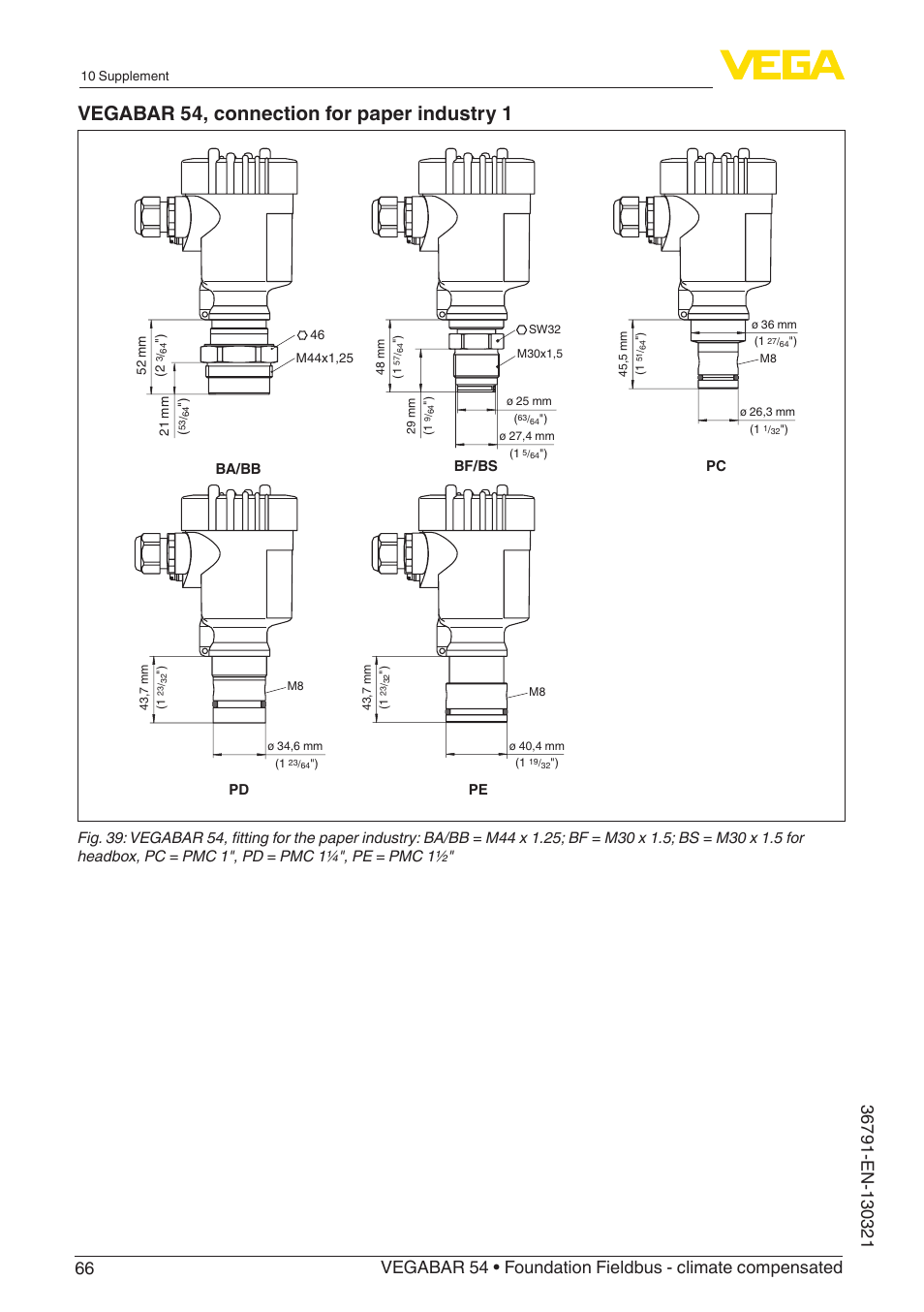 Vegabar 54, connection for paper industry 1, Pc pd pe, Bf/bs ba/bb | VEGA VEGABAR 54 Foundation Fieldbus - climate compensated User Manual | Page 66 / 72