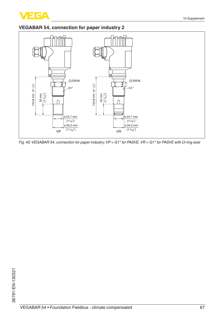 Vegabar 54, connection for paper industry 2, Vp vr | VEGA VEGABAR 54 Foundation Fieldbus - climate compensated User Manual | Page 67 / 72