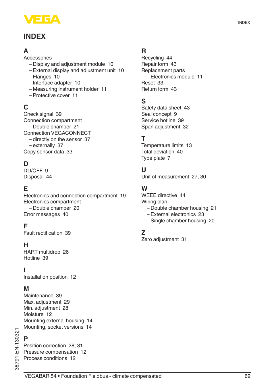 Index | VEGA VEGABAR 54 Foundation Fieldbus - climate compensated User Manual | Page 69 / 72