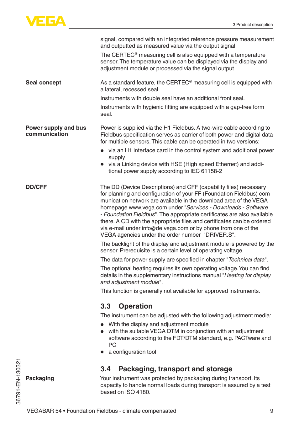 VEGA VEGABAR 54 Foundation Fieldbus - climate compensated User Manual | Page 9 / 72