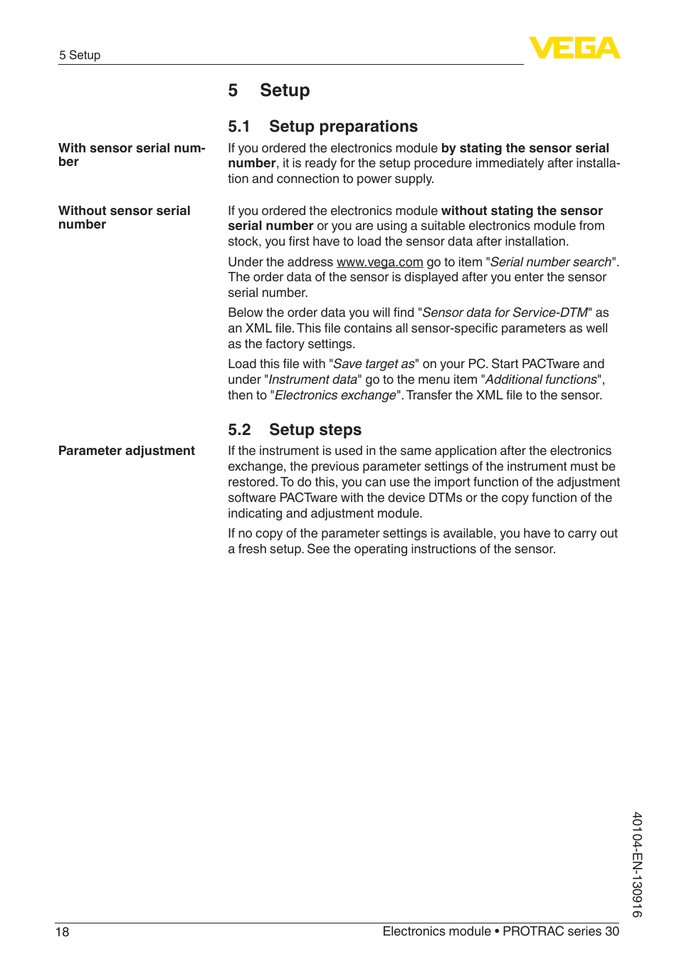 5 setup, 1 setup preparations, 2 setup steps | VEGA PROTRAC series 30 Electronics module User Manual | Page 18 / 24